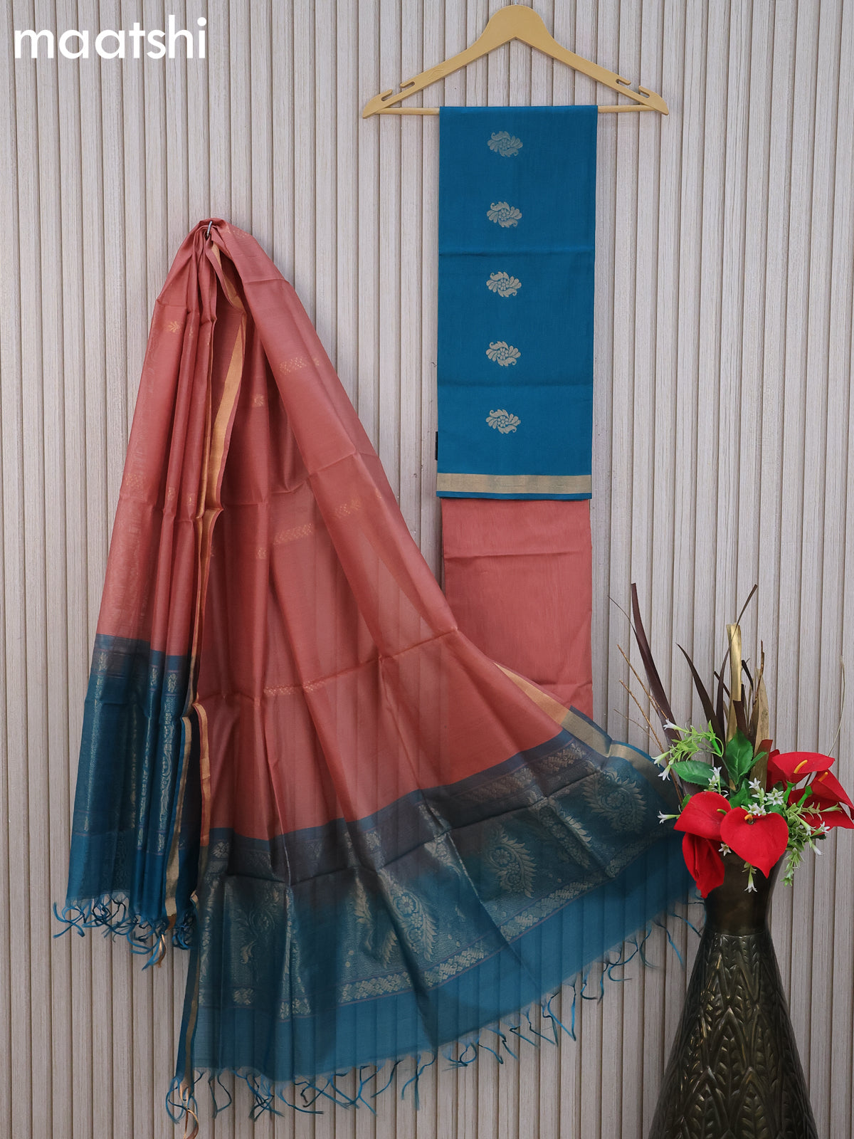 Silk cotton dress material peacock blue and pastel peach shade with zari woven buttas and bottom & zari dupatta