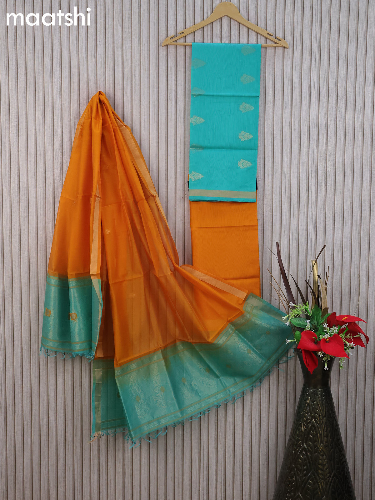 Silk cotton dress material teal blue and mango yellow with zari woven buttas and bottom & zari dupatta