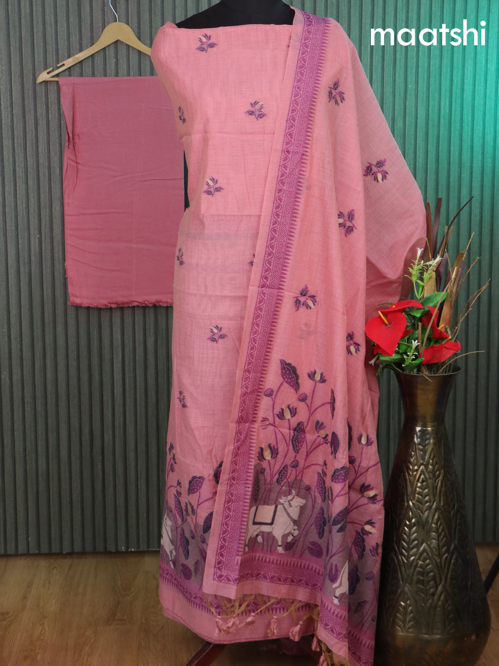 Munga cotton dress material mild peach pink with thread & zari woven floral buttas and bottom & thread woven pichwai dupatta