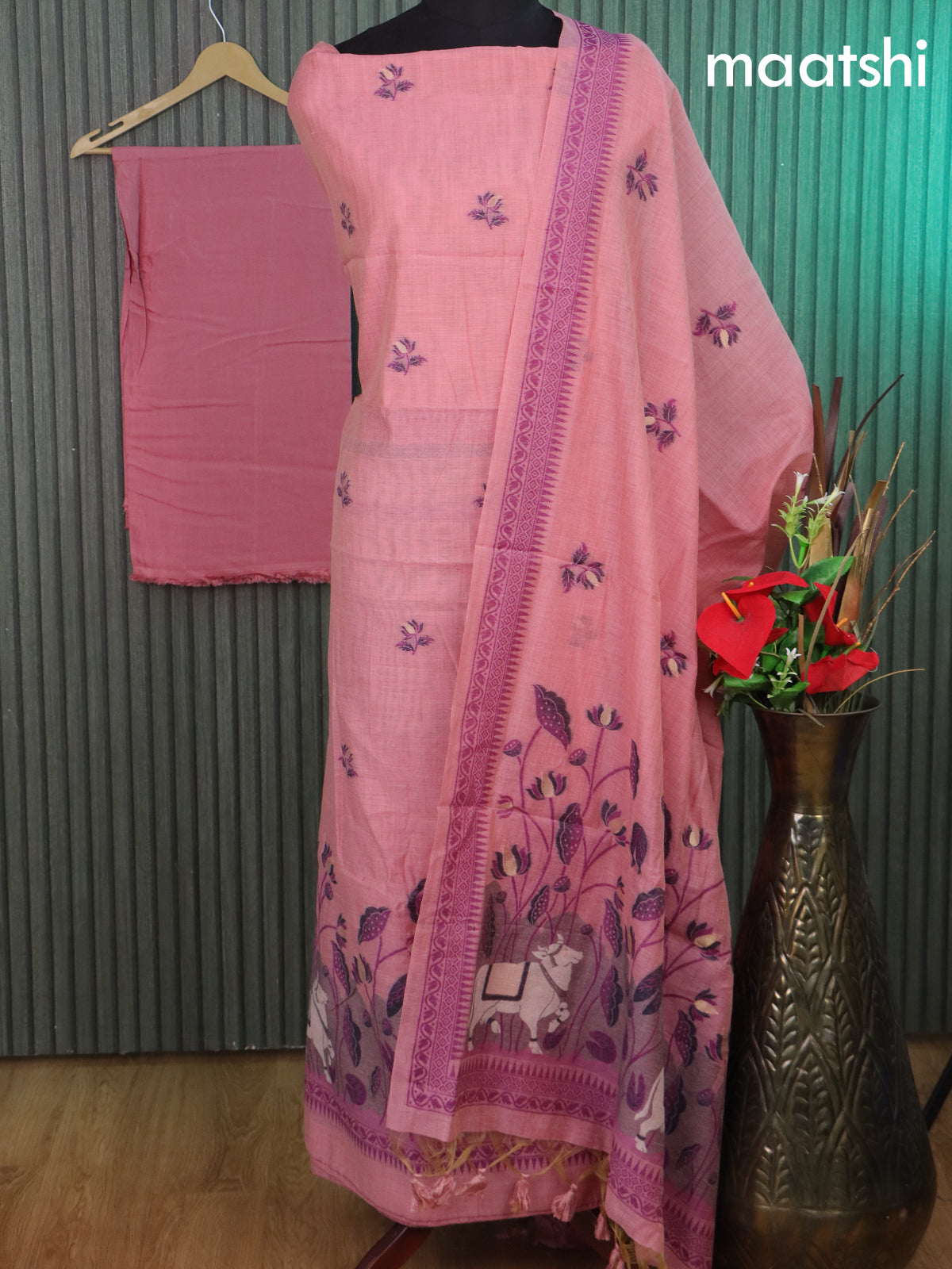 Munga cotton dress material mild peach pink with thread & zari woven floral buttas and bottom & thread woven pichwai dupatta