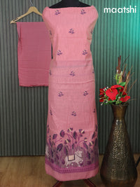 Munga cotton dress material mild peach pink with thread & zari woven floral buttas and bottom & thread woven pichwai dupatta