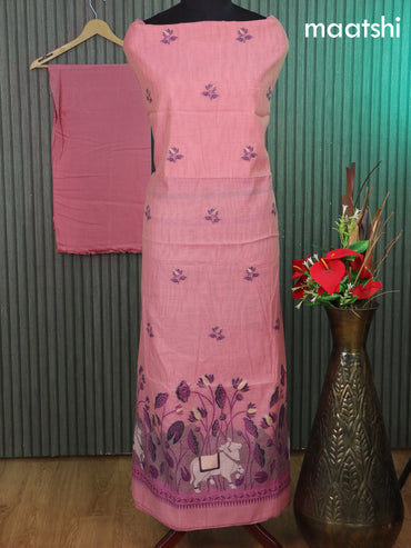 Munga cotton dress material mild peach pink with thread & zari woven floral buttas and bottom & thread woven pichwai dupatta
