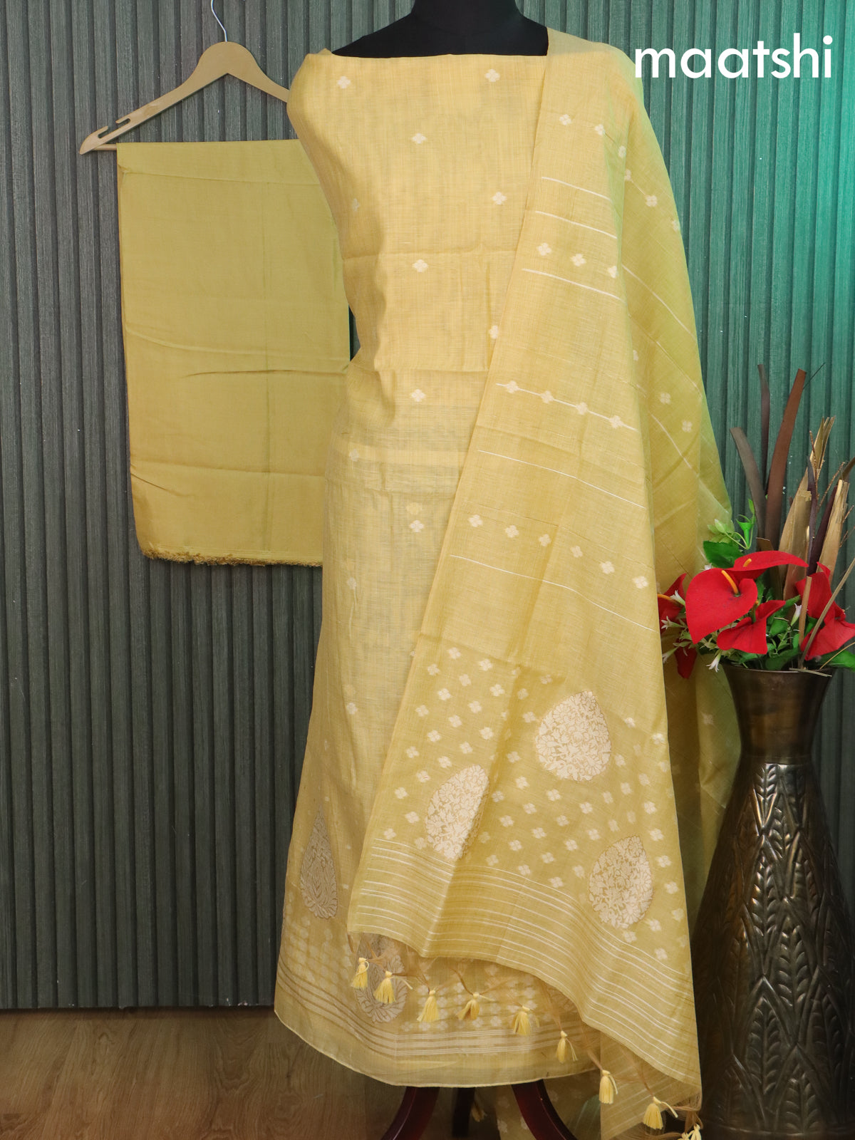 Munga cotton dress material pale yellow with thread & zari woven buttas and bottom & thread woven dupatta
