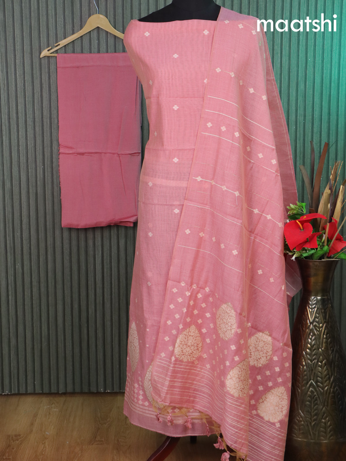 Munga cotton dress material peach pink with thread & zari woven buttas and bottom & thread woven dupatta