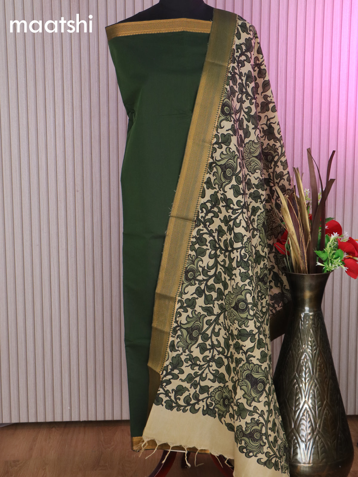 Mangalgiri silk cotton dress material green and cream with plain body and hand painted pen kalamkari dupatta