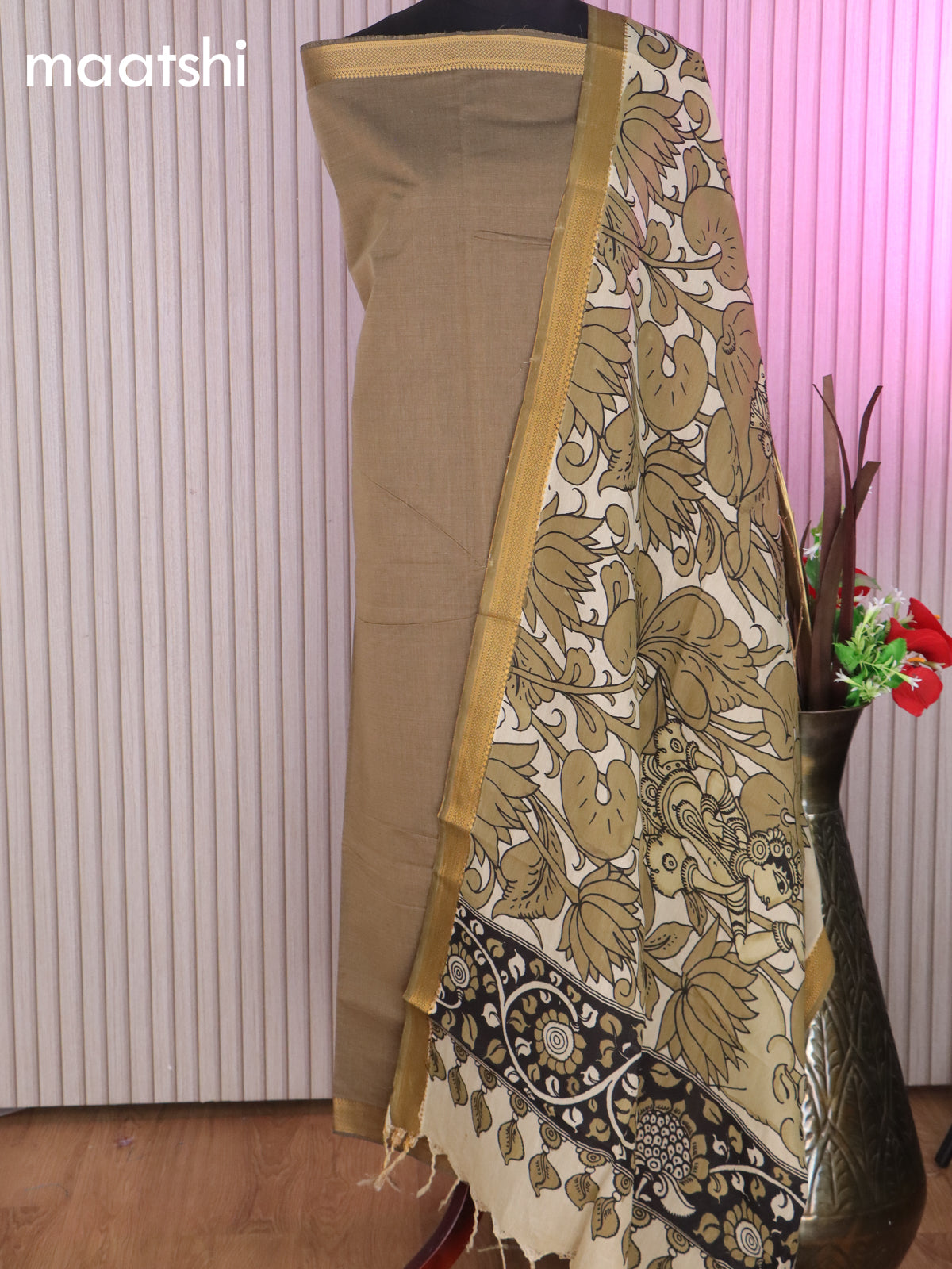 Mangalgiri silk cotton dress material grey shade and beige with plain body and hand painted pen kalamkari dupatta