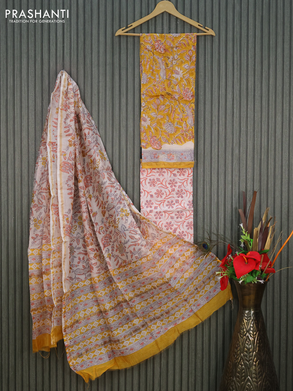 Pure chanderi dress material mustard yellow and off white with allover kalamkari prints and small zari woven border