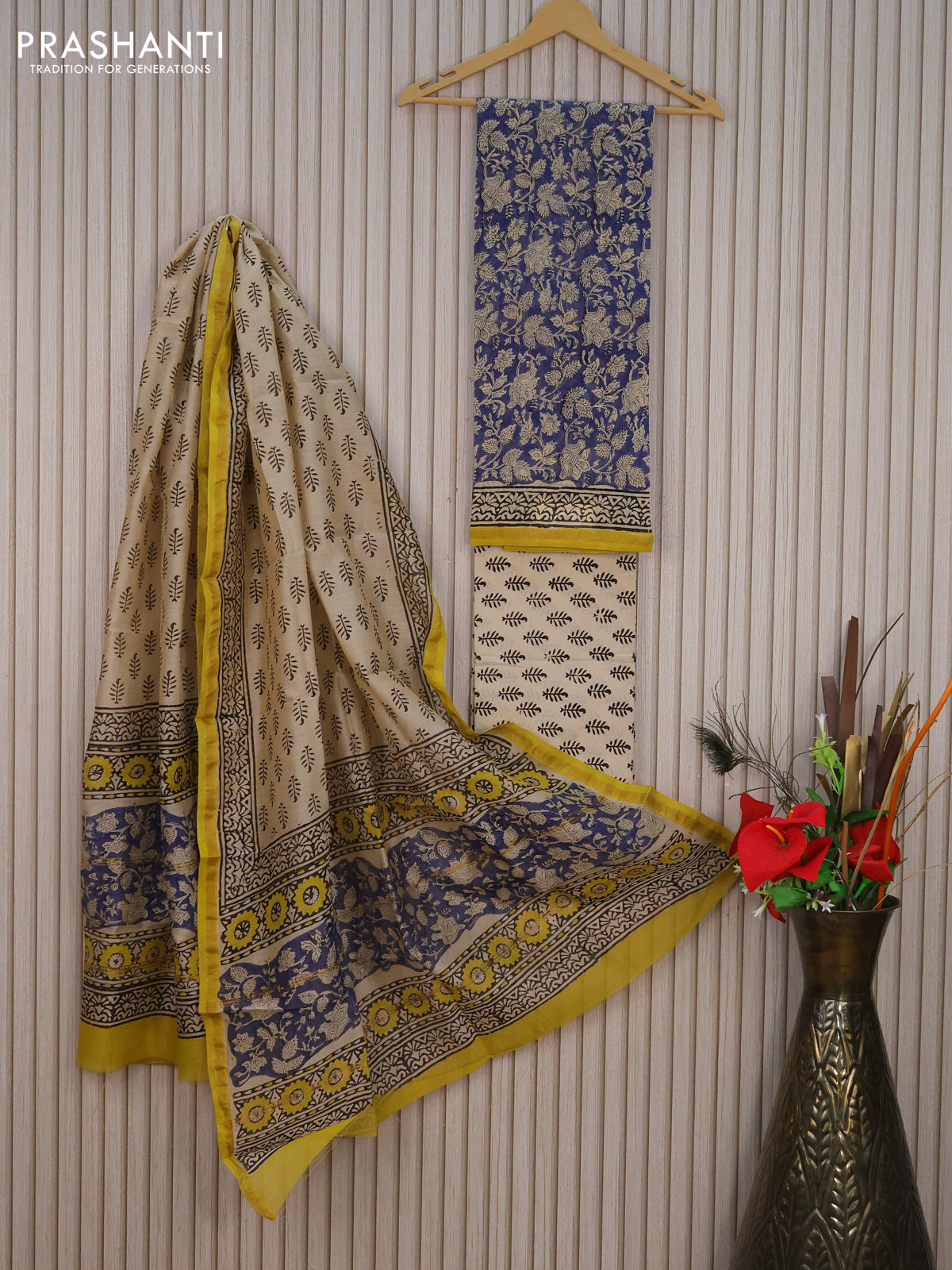 Pure chanderi dress material blue and beige with allover kalamkari prints and small zari woven border