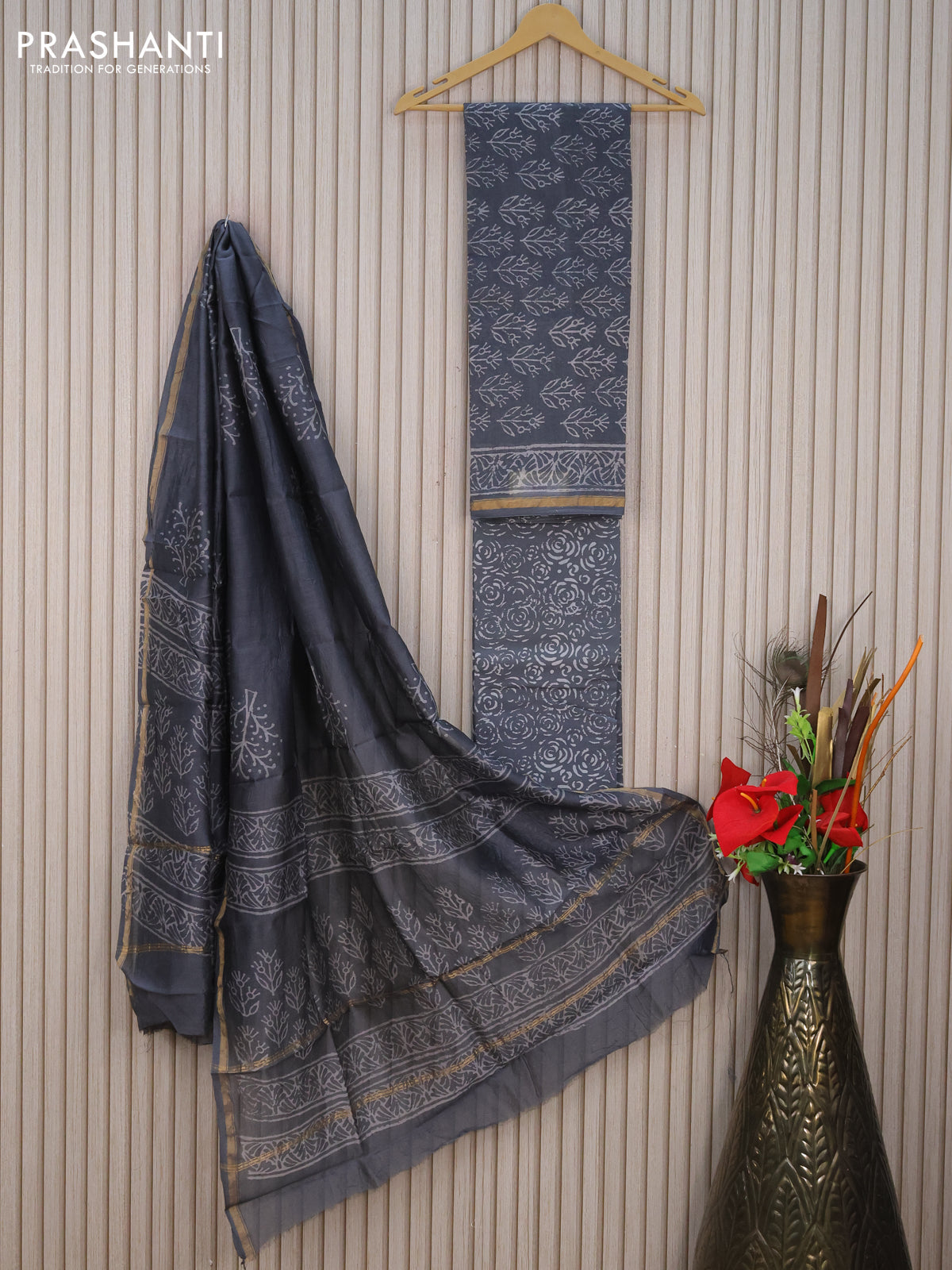 Pure chanderi dress material grey with allover butta prints and small zari woven border