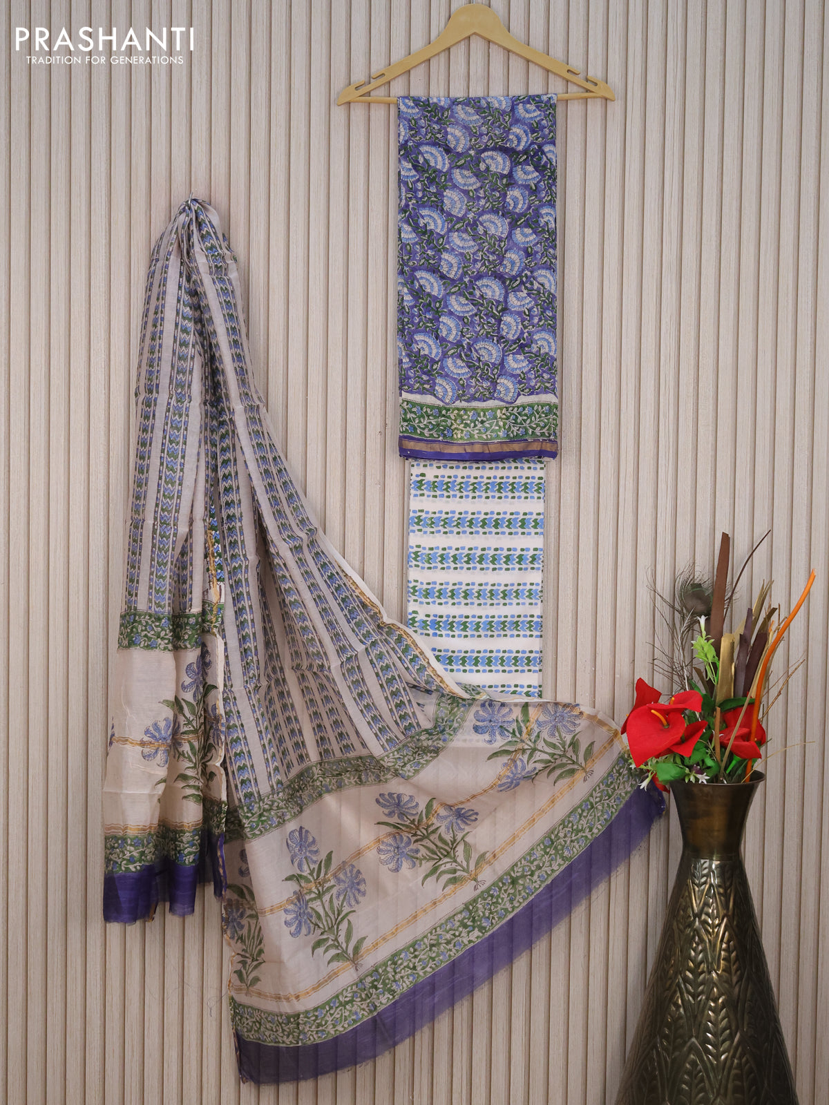 Pure chanderi dress material blue and off white green with allover floral prints and small zari woven border