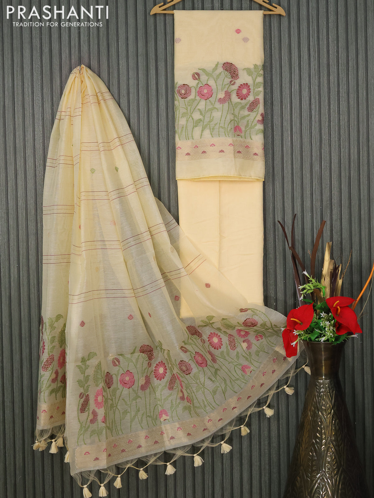 Munga cotton dress material pale yellow with thread & zari woven buttas and bottom & thread woven dupatta