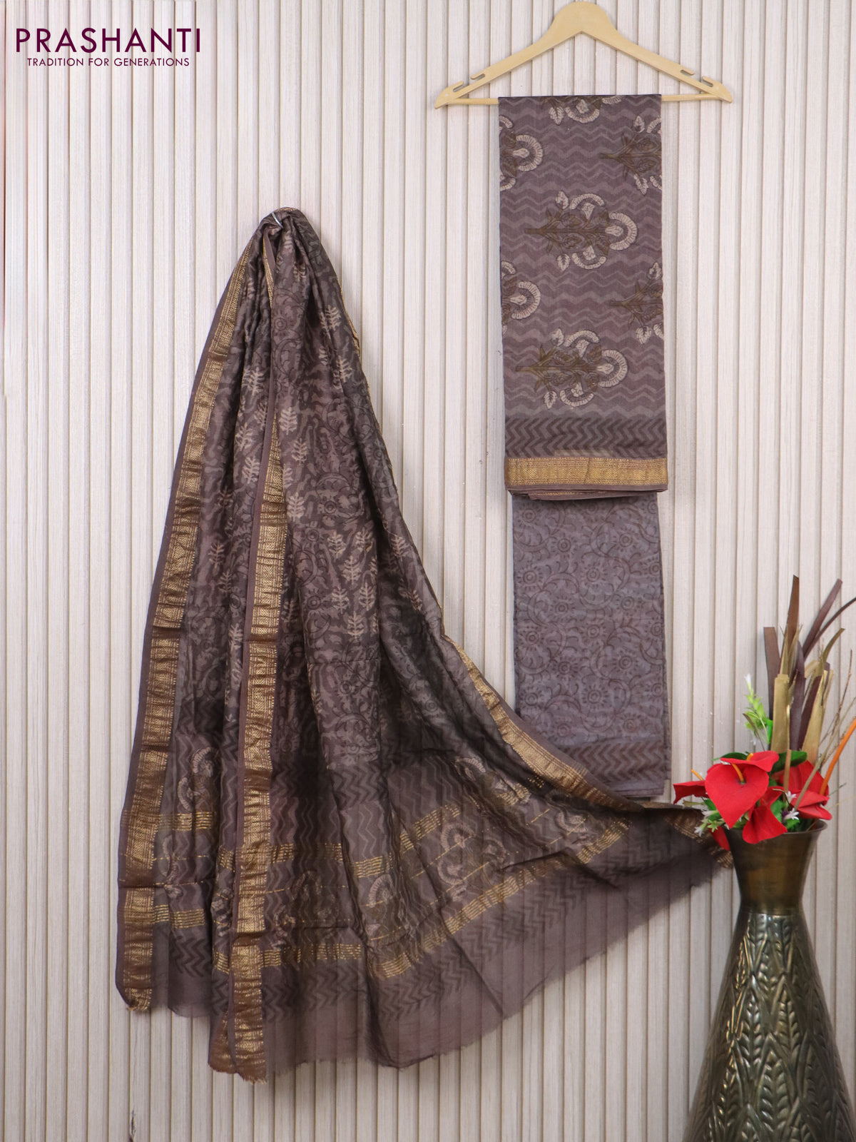 Chanderi dress material pastel brown with allover dabu prints and maheshwari zari border