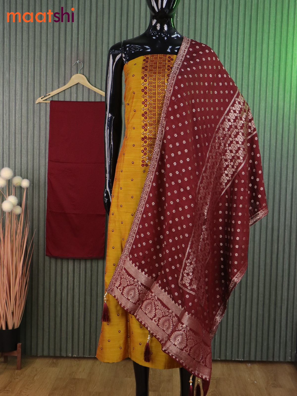 Chanderi dress material mustard shade and maroon with allover floarl buttas & embroidery sequin work neck pattern and bottom & banarasi dupatta