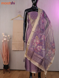 Tissue dress material lavender and sandal with allover zari buttas & embroidery work neck pattern and bottom & banarasi dupatta