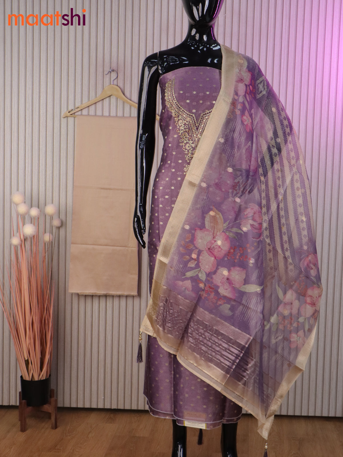 Tissue dress material lavender and sandal with allover zari buttas & embroidery work neck pattern and bottom & banarasi dupatta