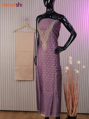 Tissue dress material lavender and sandal with allover zari buttas & embroidery work neck pattern and bottom & banarasi dupatta