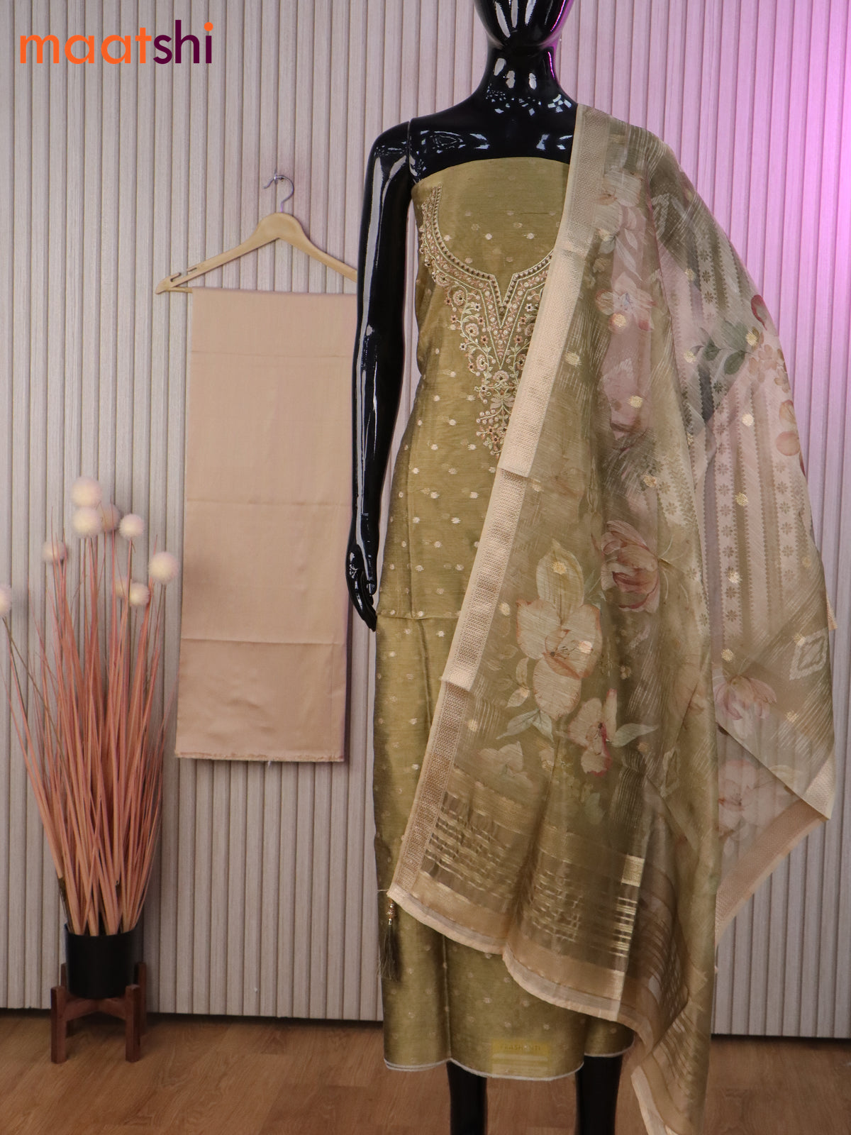 Tissue dress material olive green and sandal with allover zari buttas & embroidery work neck pattern and bottom & banarasi dupatta