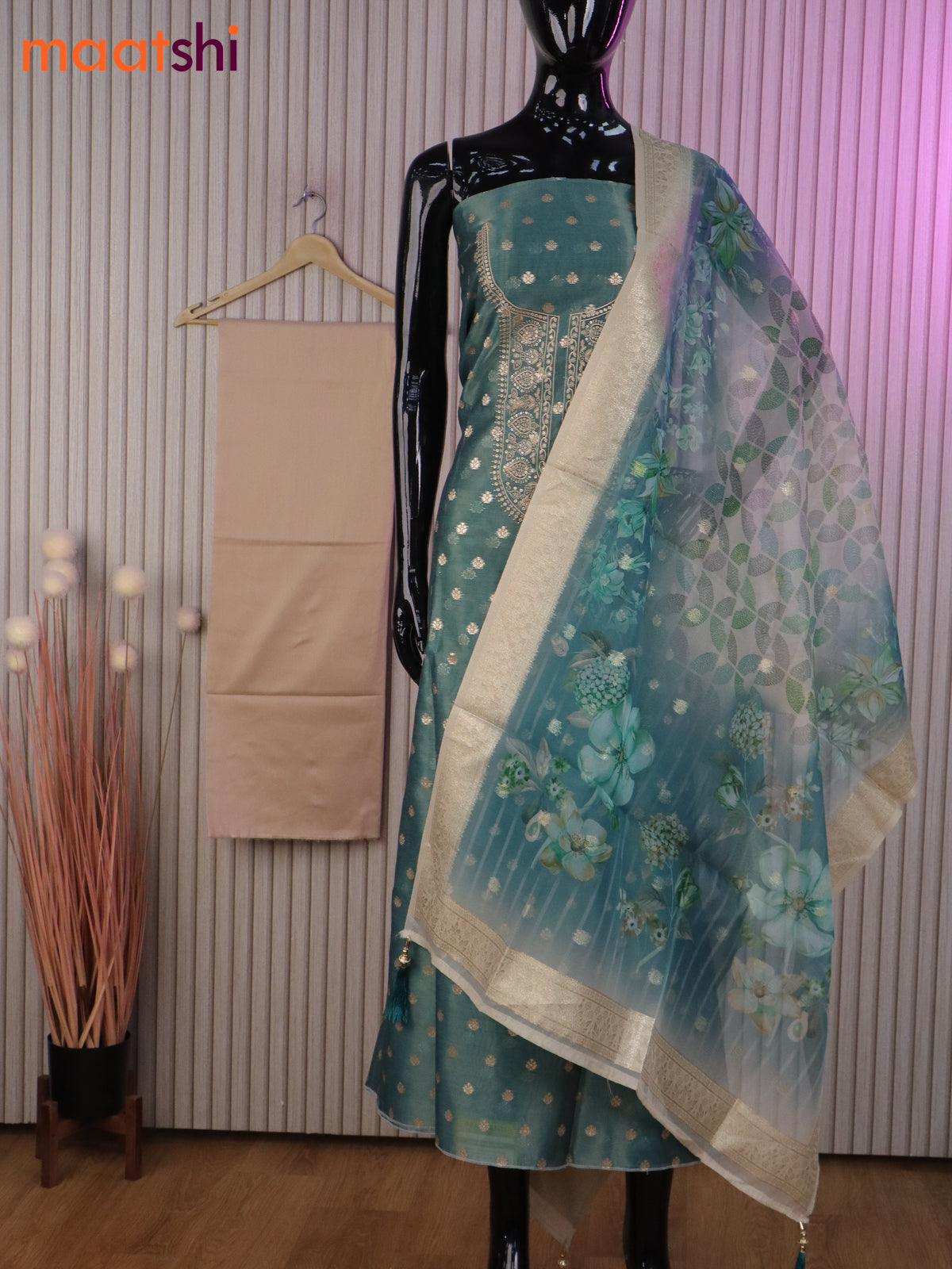 Tissue dress material peacock blue and sandal with allover woven buttas & embroidery sequin work neck pattern and bottom & banarasi dupatta