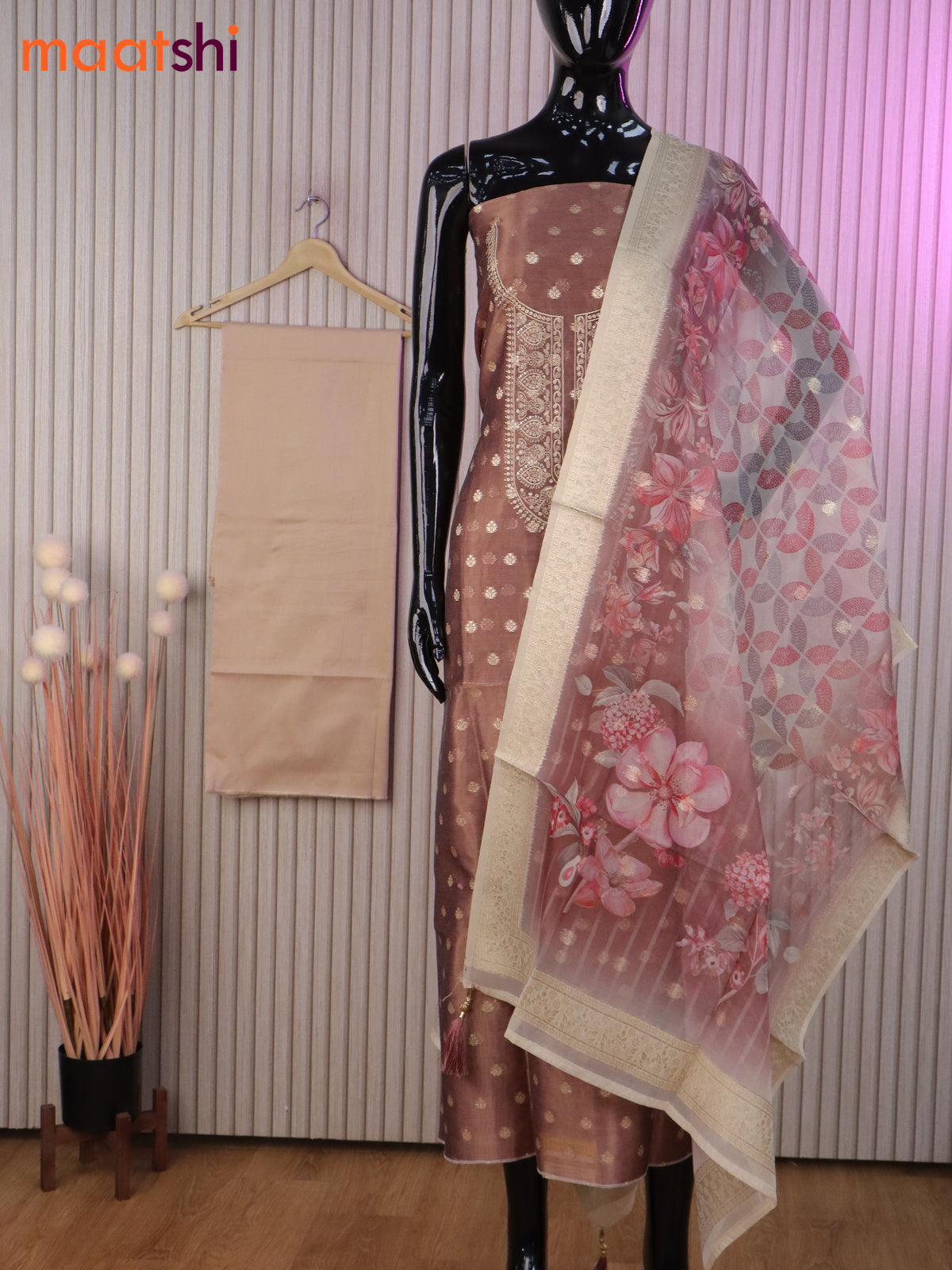 Tissue dress material pastel brown and sandal with allover woven buttas & embroidery sequin work neck pattern and bottom & banarasi dupatta