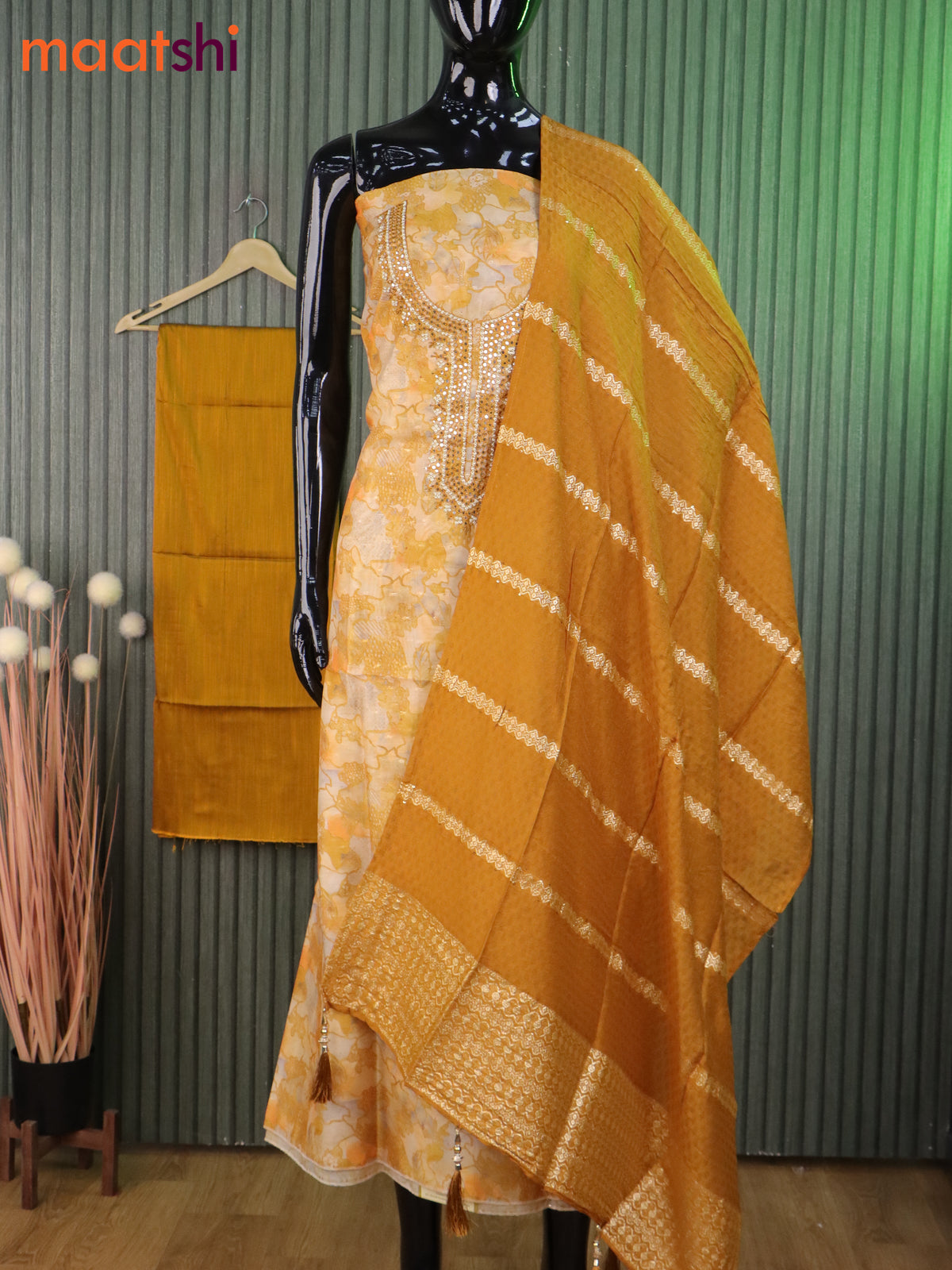 Chanderi dress material yellow and mustard yellow with allover prints & zardosi mirror work neck pattern and bottom & banarasi dupatta