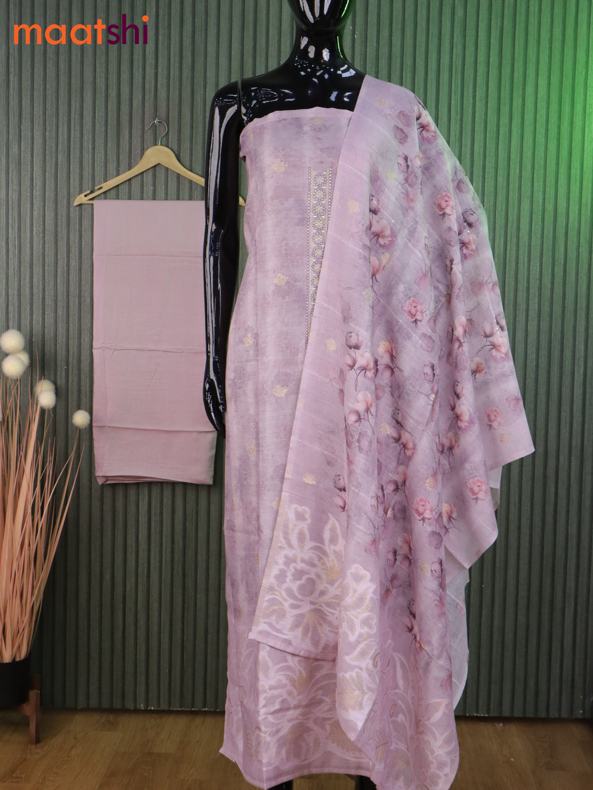 Linen dress material pastel lavender and pastel pink shade with allover zari buttas & sequin work neck pattern and bottom & dupatta