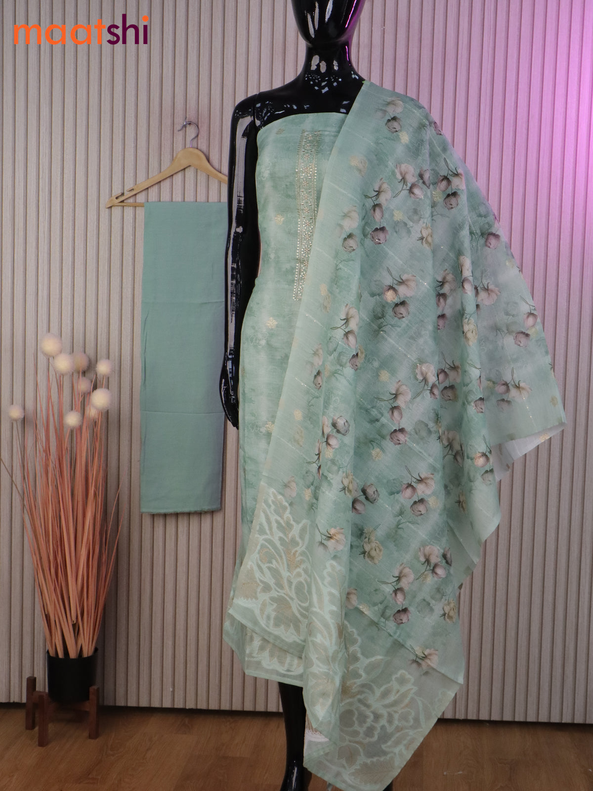 Linen dress material pastel green with allover zari buttas & sequin work neck pattern and bottom & dupatta