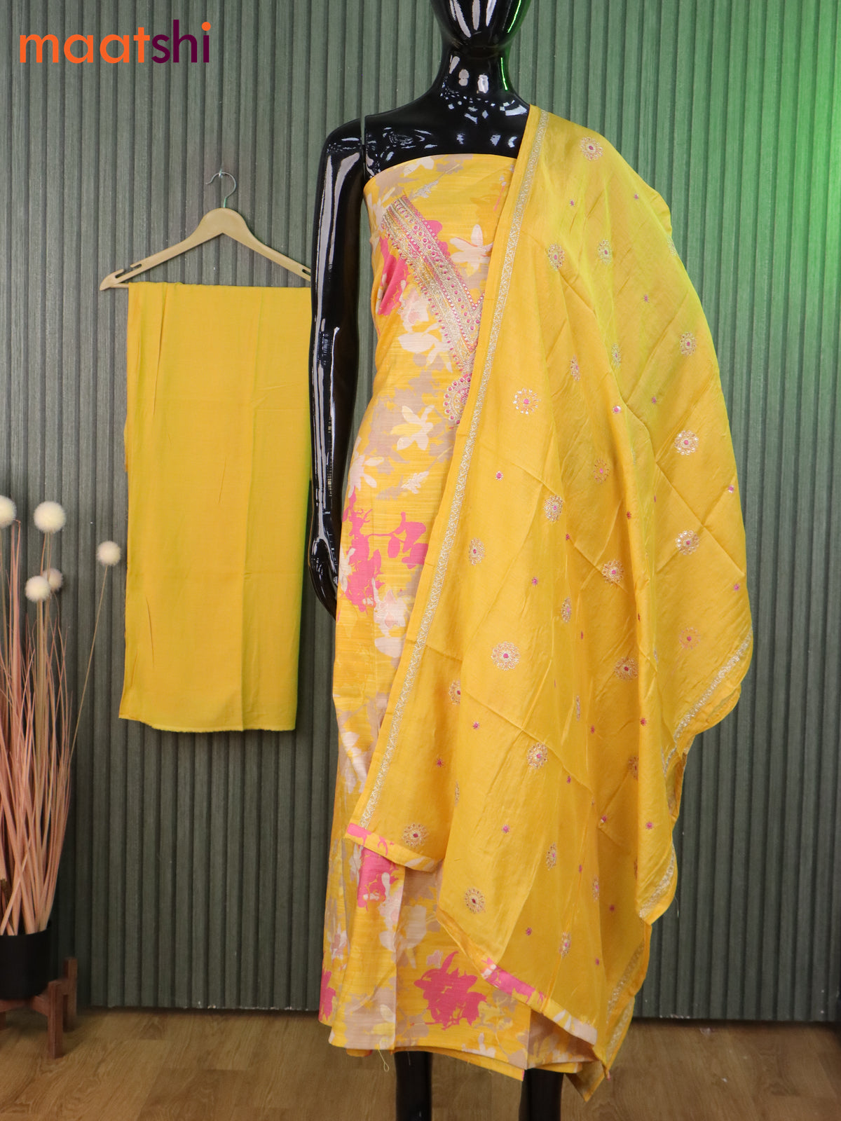 Semi linen dress material yellow and pink with allover prints & embroidery sequin work neck pattern and bottom & banarasi dupatta