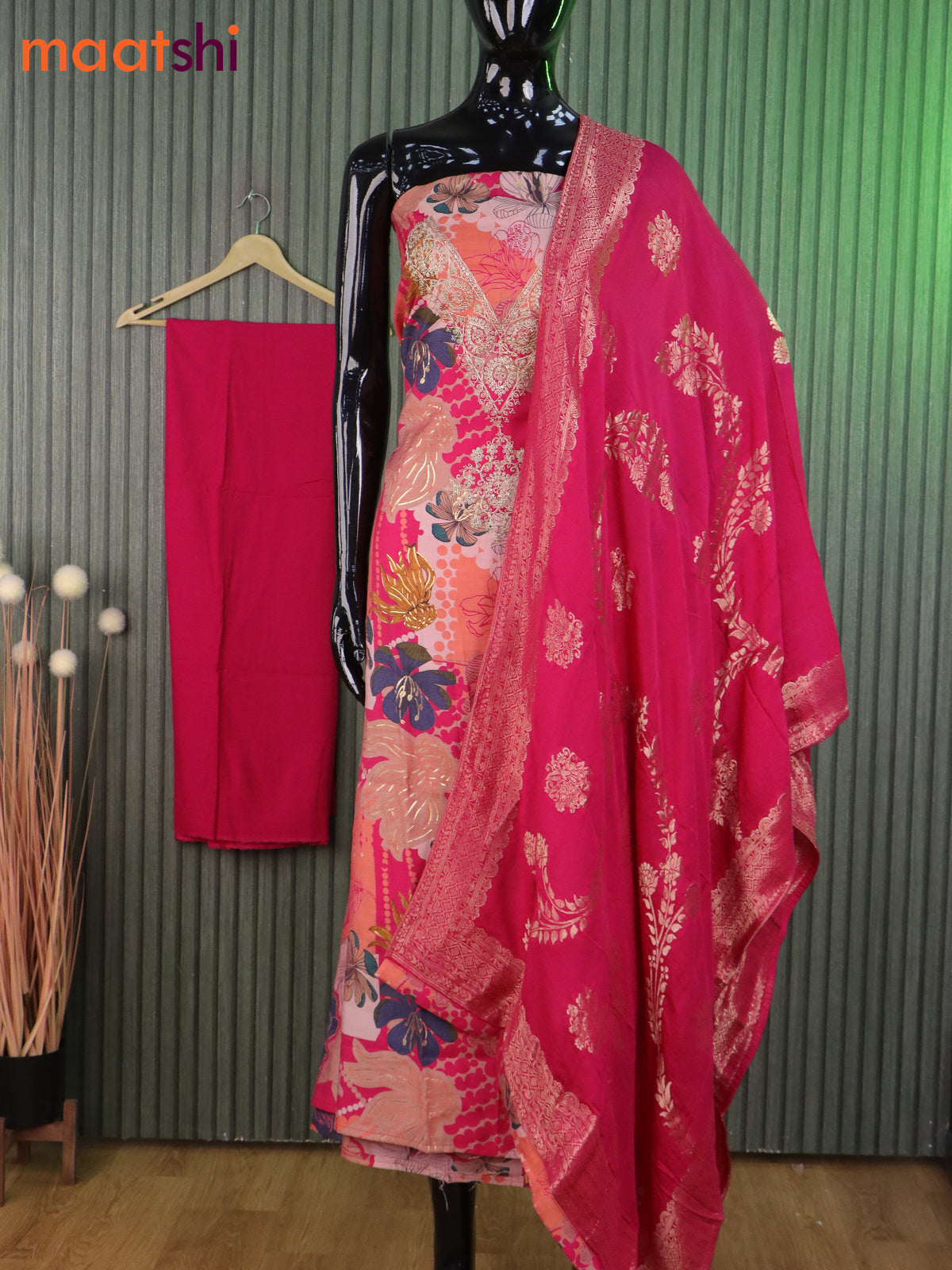 Modal dress material multi colour and pink with allover prints & embroidery sequin work neck pattern and bottom & banarasi dupatta