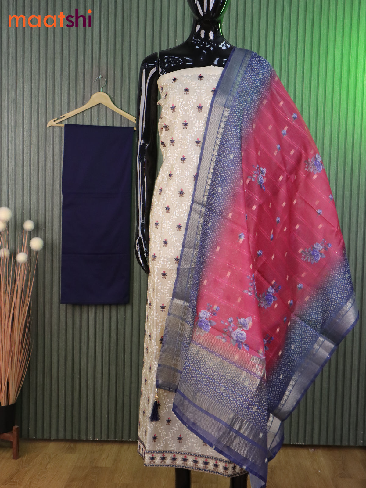 Chanderi dress material cream and blue with allover embroidery work and bottom & banarasi dupatta
