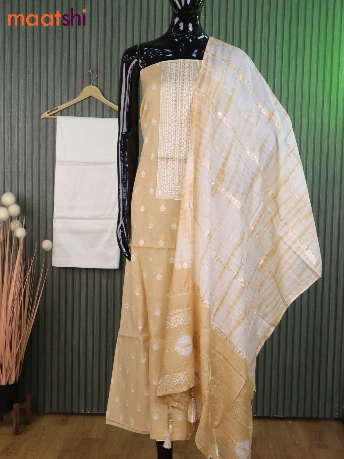 Chanderi dress material sandal and off white with allover zari buttas & embroidery work neck pattern and bottom & banarasi dupatta