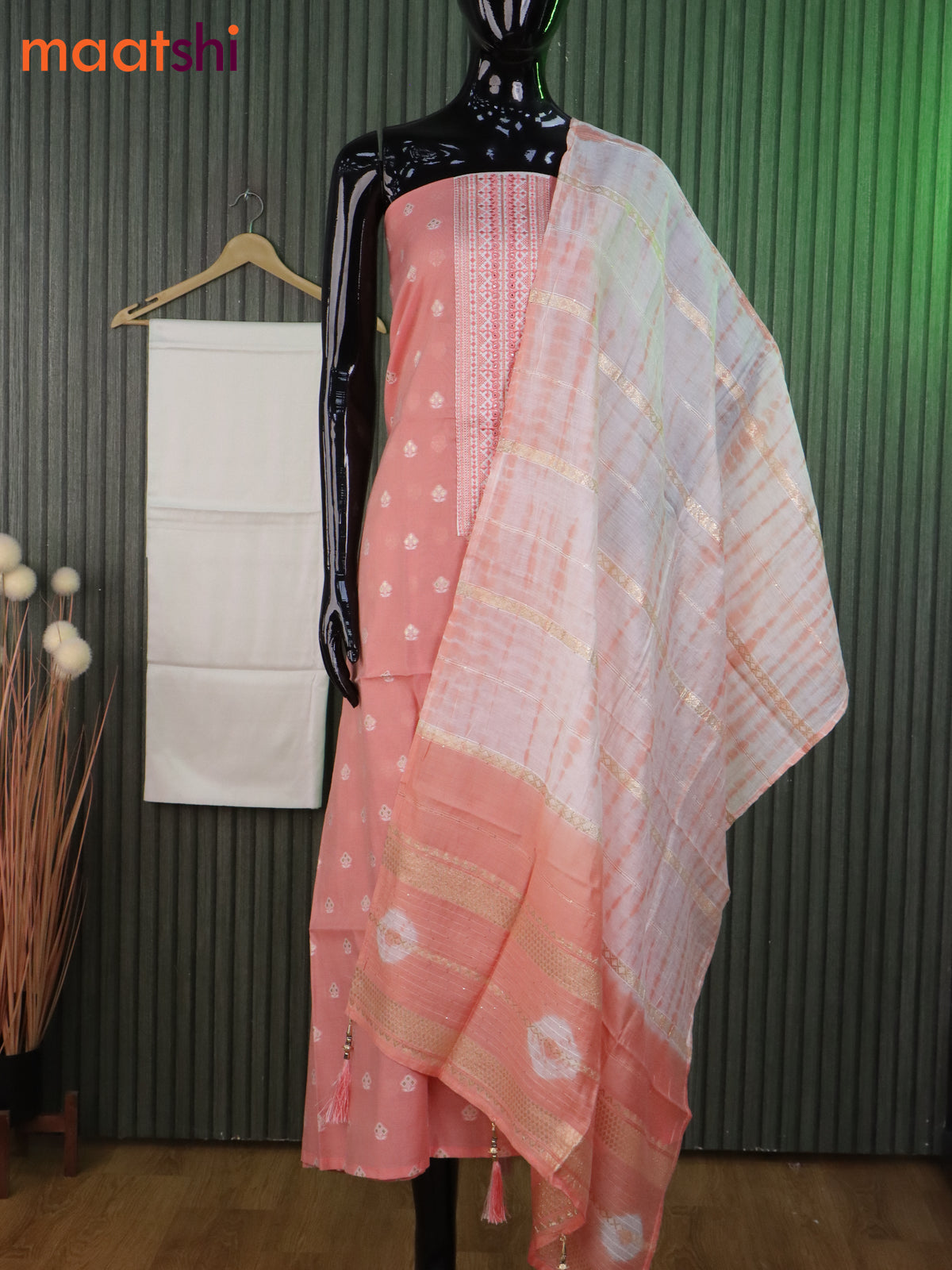 Chanderi dress material peach shade and off white with allover zari buttas & embroidery work neck pattern and bottom & banarasi dupatta