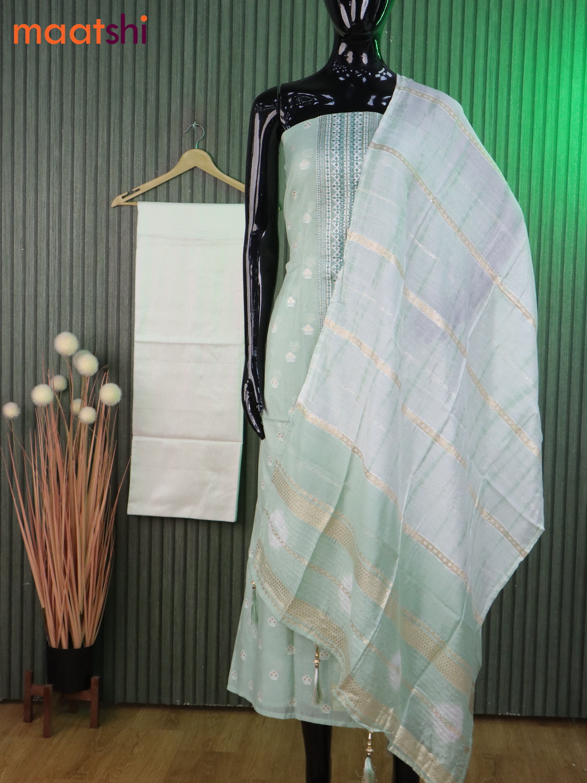 Chanderi dress material pastel green and off white with allover zari buttas & embroidery work neck pattern and bottom & banarasi dupatta