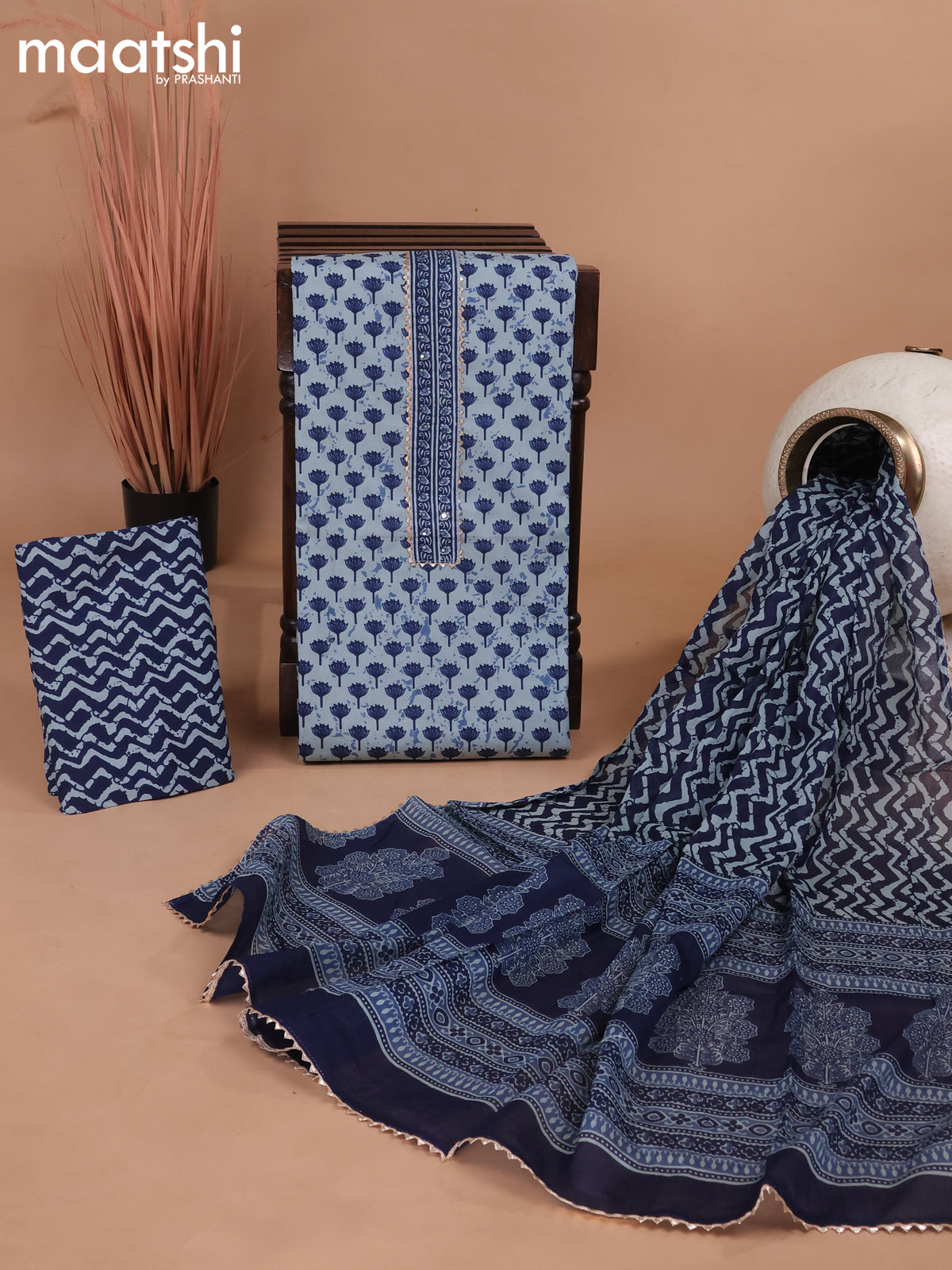 Cotton dress material pastel blue and blue with floral butta prints & patch work neck pattern and bottom & gottapatti lace work dupatta