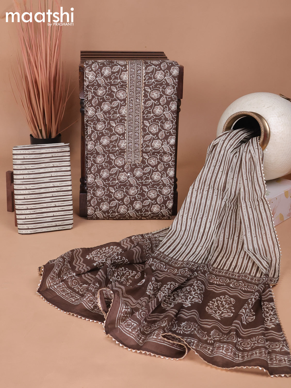 Cotton dress material brown and beige with allover floral prints & patch work neck pattern and bottom & gottapatti lace work dupatta