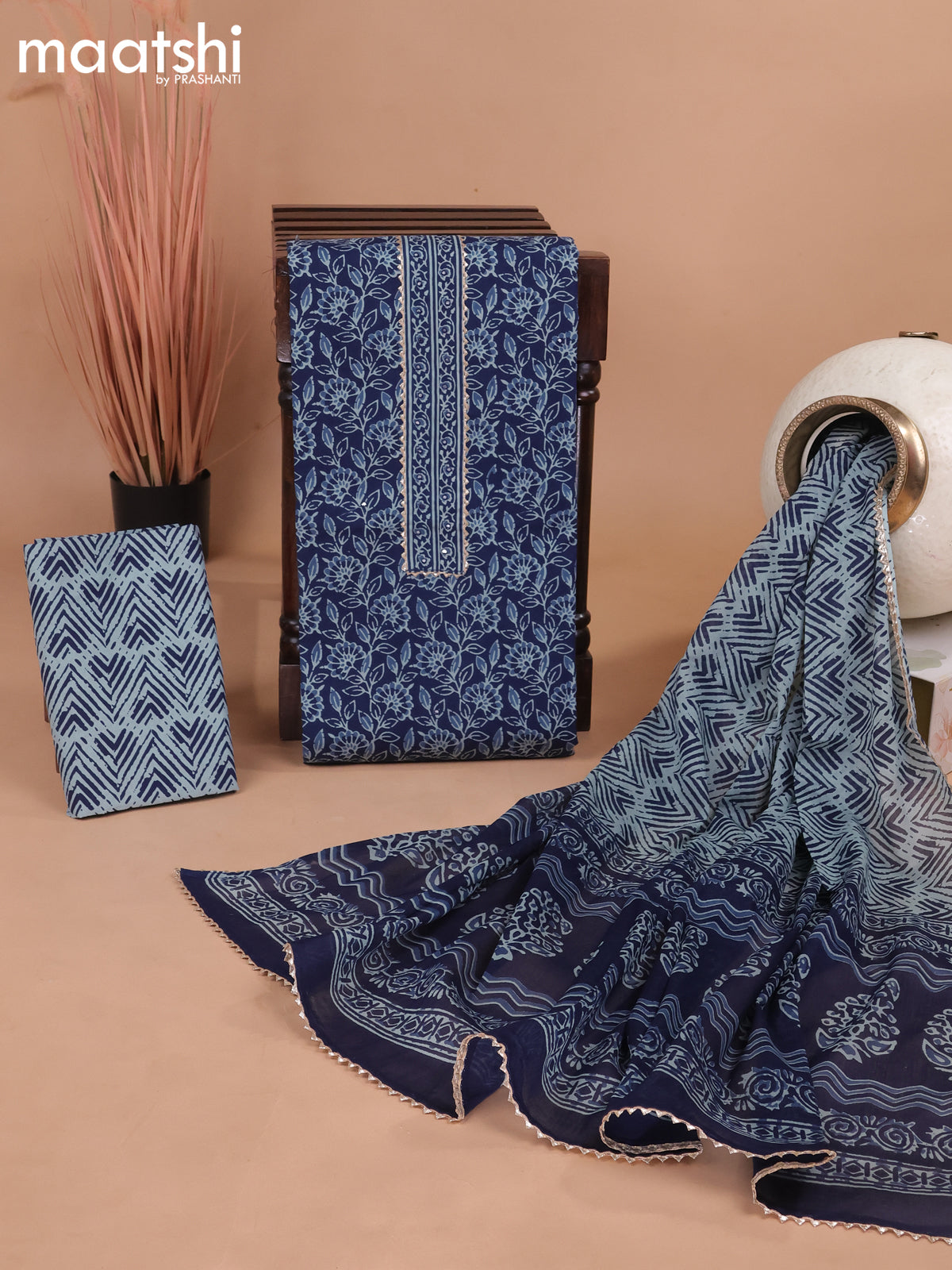 Cotton dress material blue with allover floral prints & patch work neck pattern and bottom & gottapatti lace work dupatta