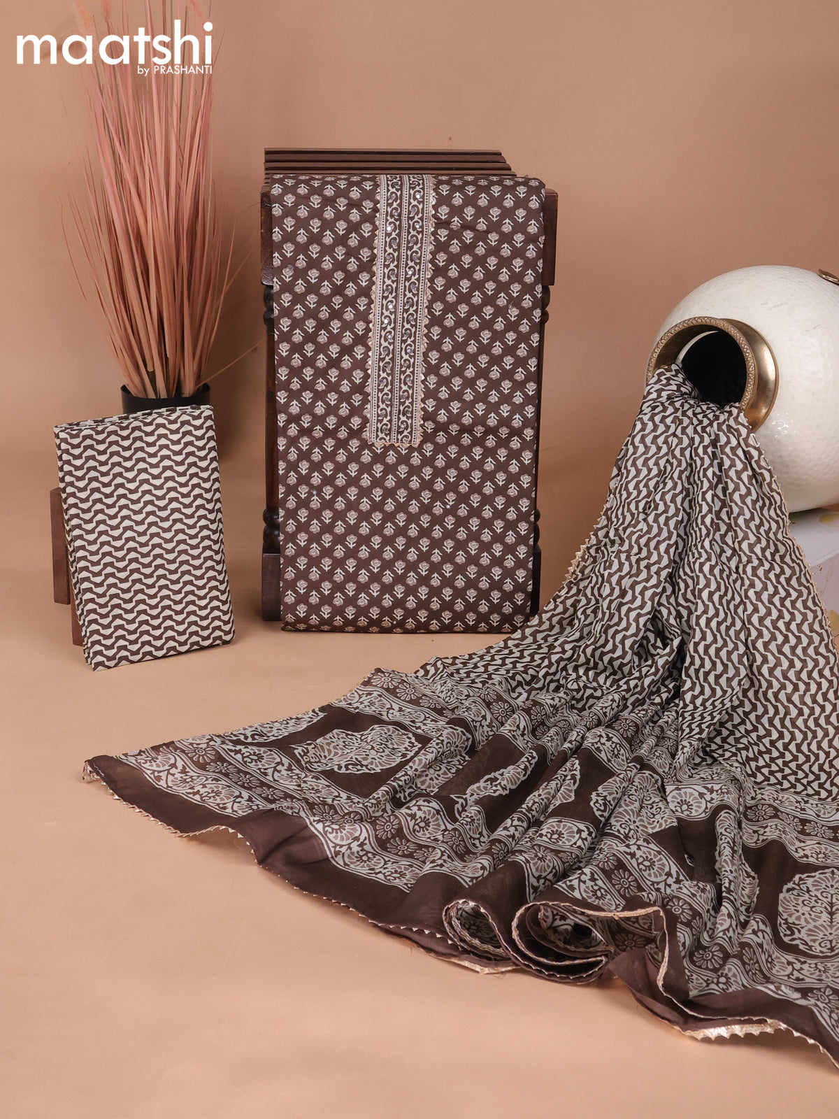 Cotton dress material brown and beige with floral butta prints & patch work neck pattern and bottom & gottapatti lace work dupatta