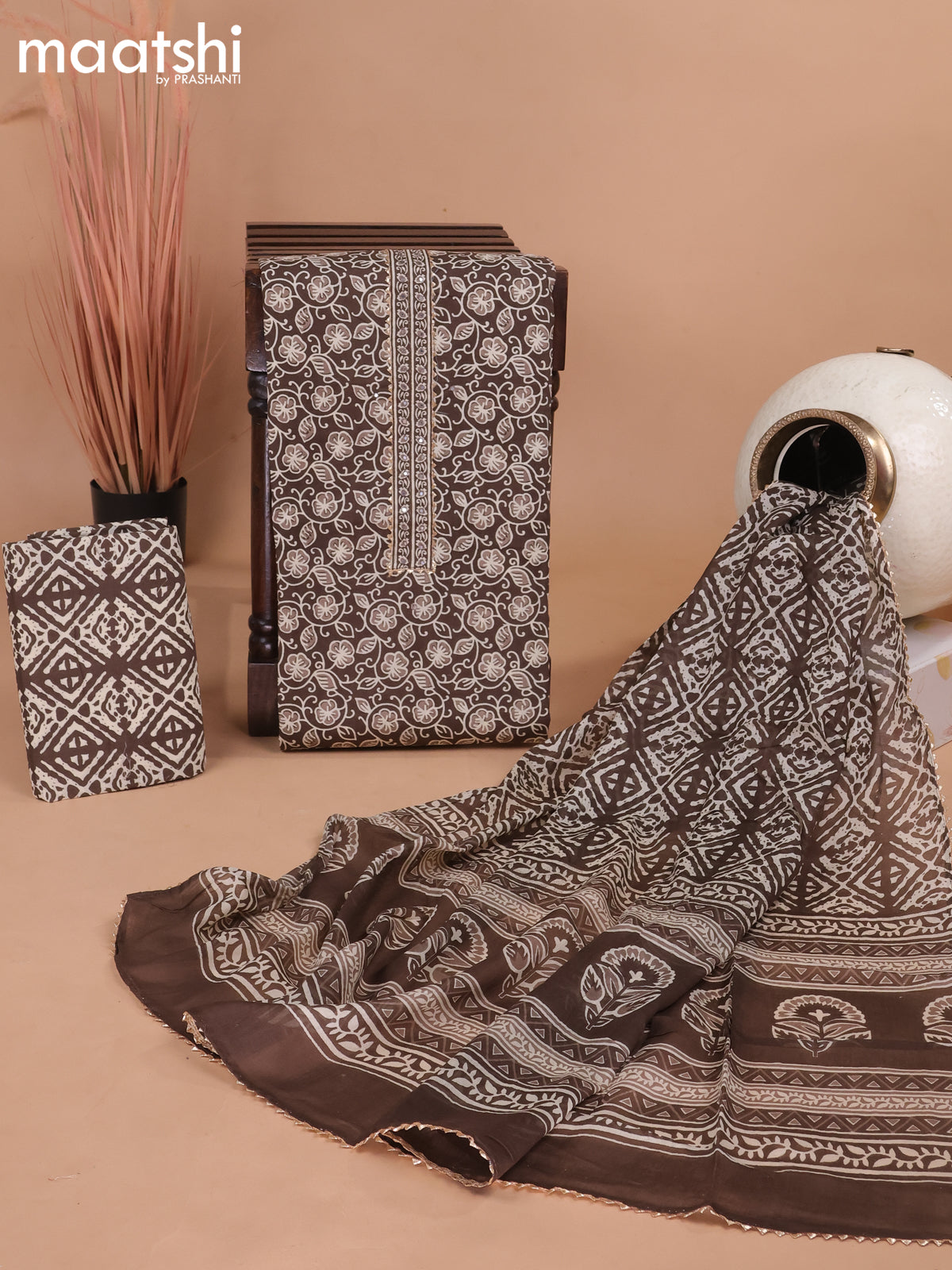 Cotton dress material brown and cream with allover floral prints & patch work neck pattern and bottom & gottapatti lace work dupatta