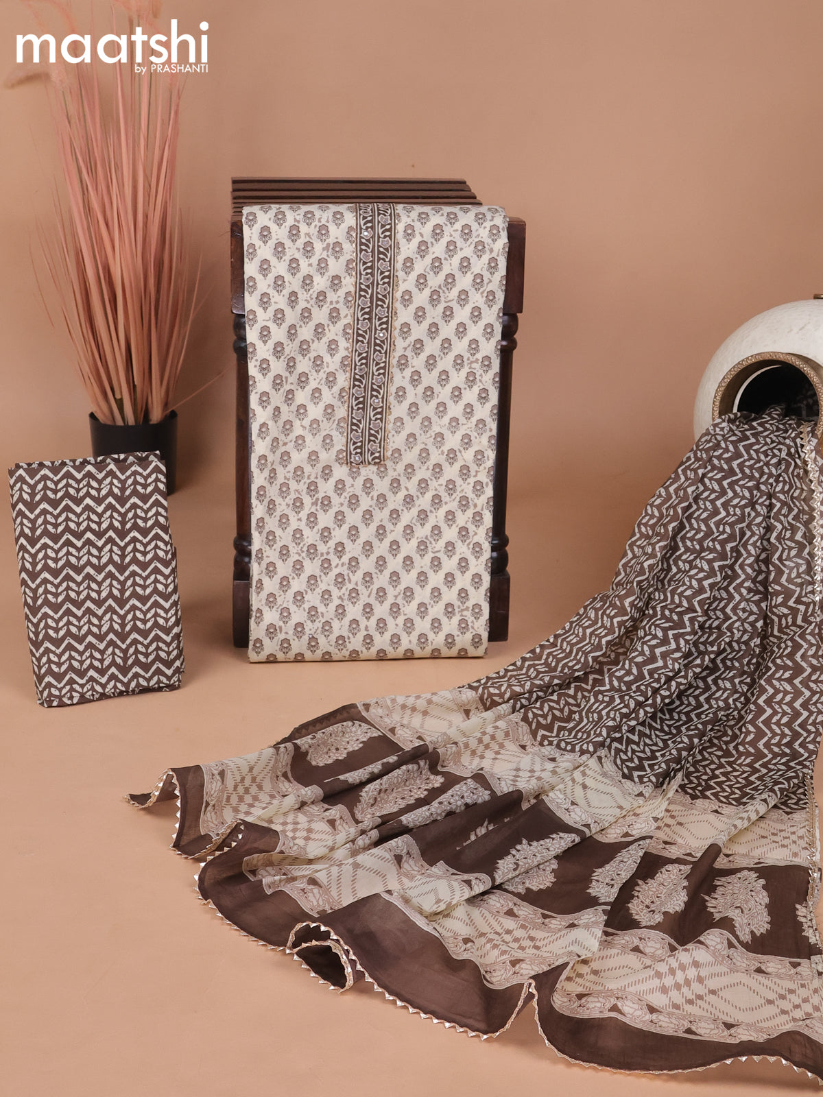 Cotton dress material cream and brown with floral butta prints & patch work neck pattern and bottom & gottapatti lace work dupatta