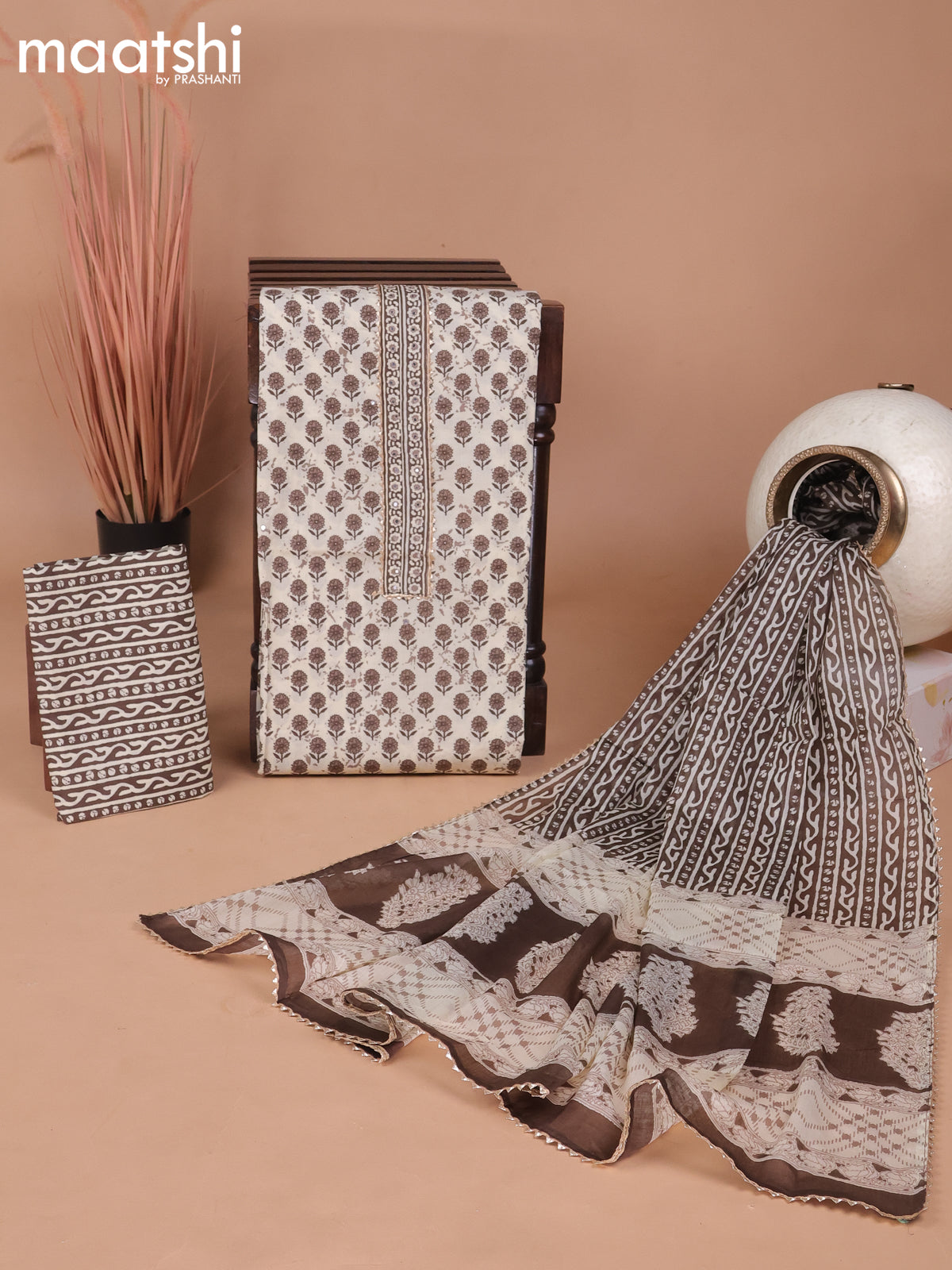Cotton dress material cream and brown with floral butta prints & patch work neck pattern and bottom & gottapatti lace work dupatta