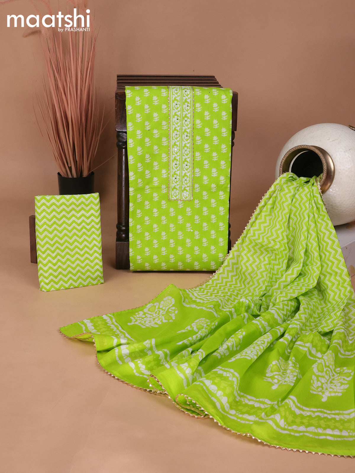 Cotton dress material fluorescent green with floral butta prints & patch work neck pattern and bottom & gottapatti lace work dupatta