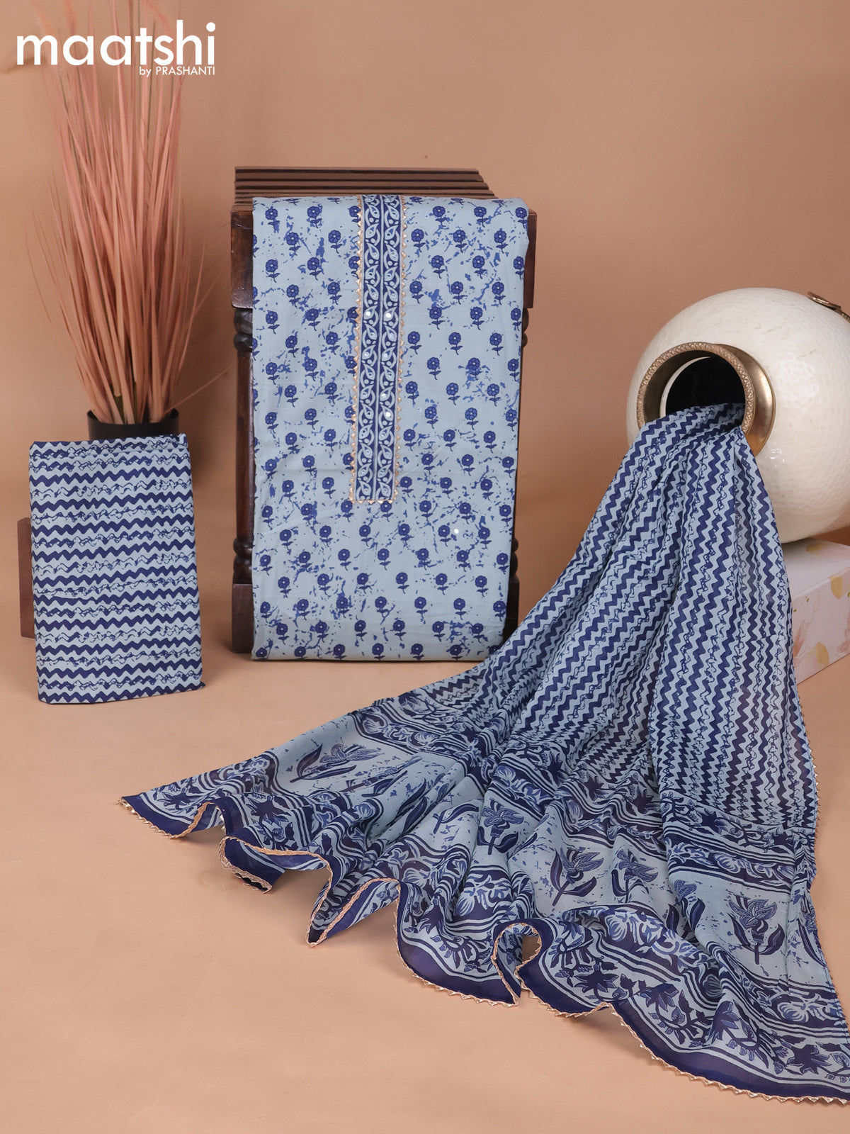 Cotton dress material grey and blue with floral butta prints & patch work neck pattern and bottom & gottapatti lace work dupatta