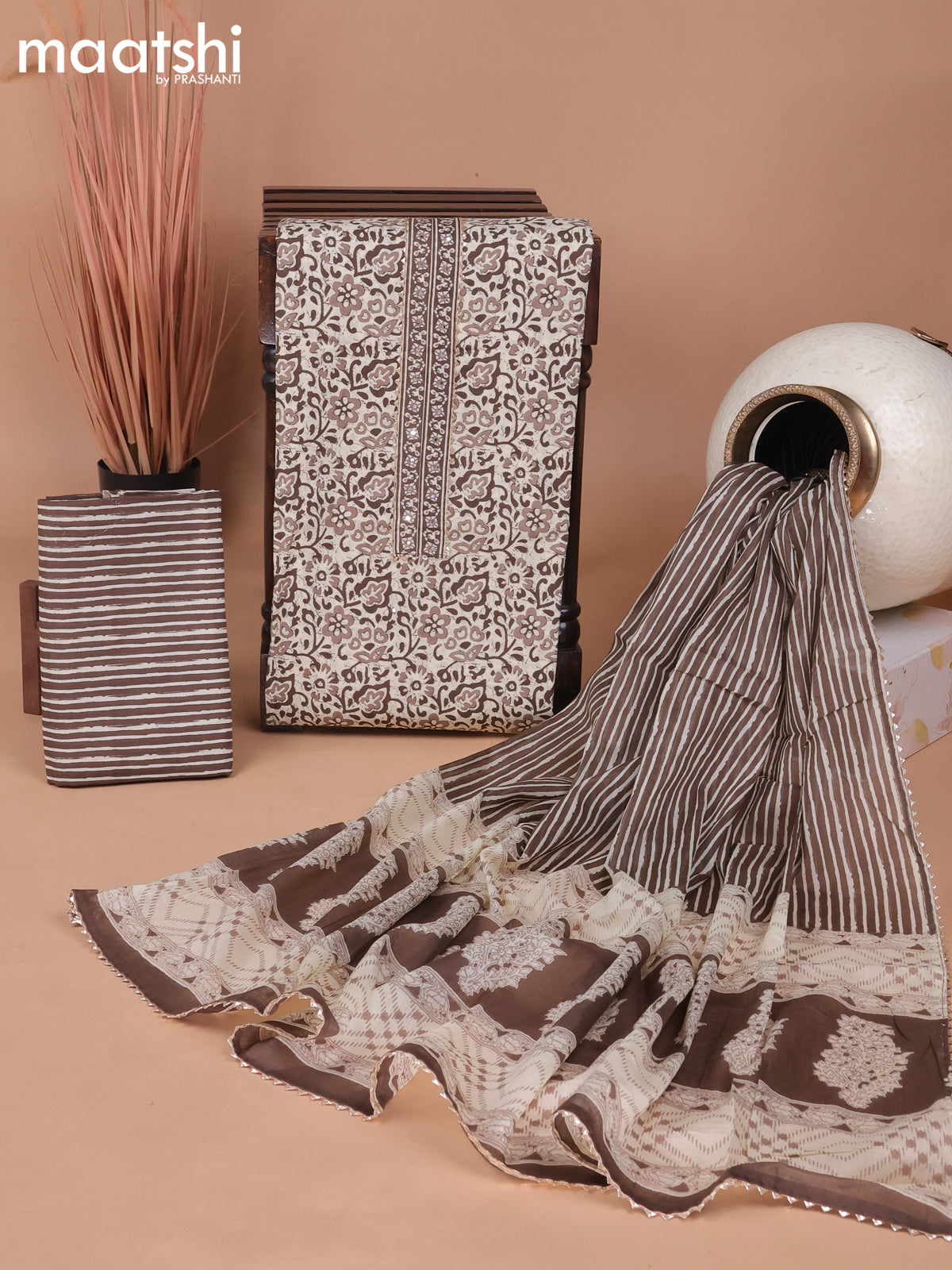 Cotton dress material cream and brown with allover prints & patch work neck pattern and bottom & gottapatti lace work dupatta