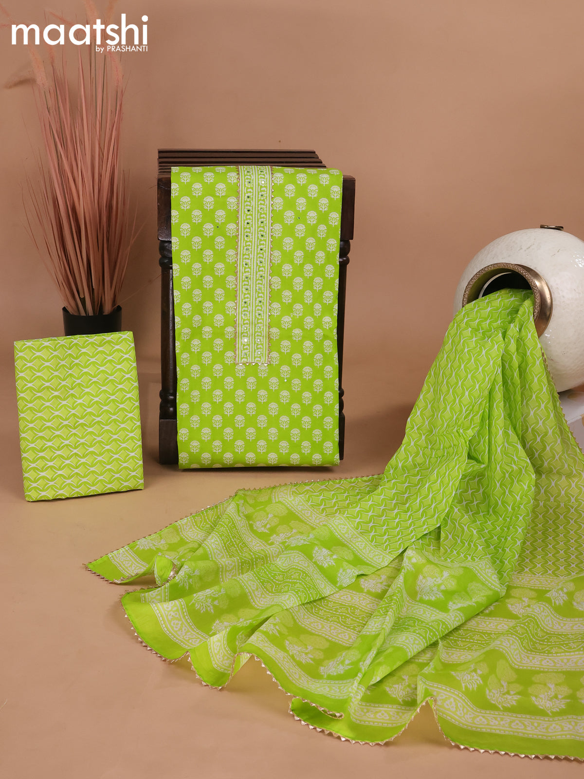 Cotton dress material fluorescent green with floral butta prints & patch work neck pattern and bottom & gottapatti lace work dupatta