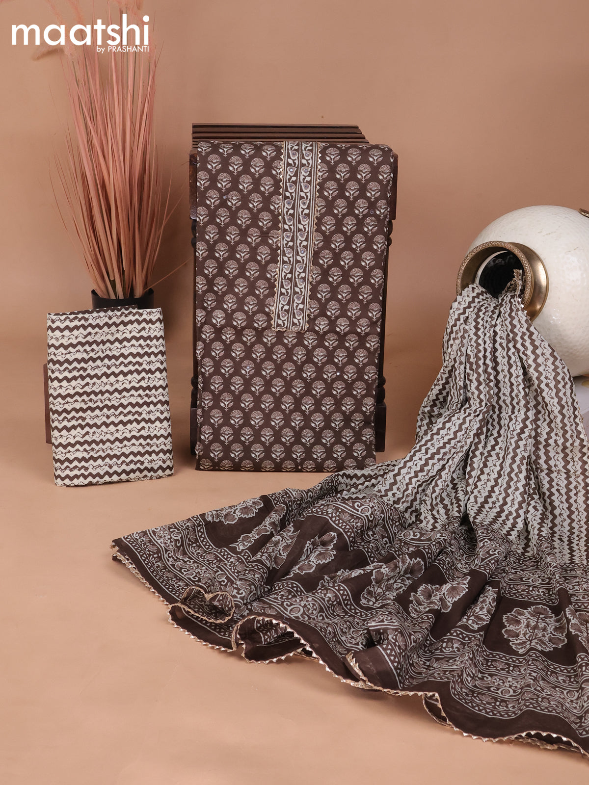 Cotton dress material brown with floral butta prints & patch work neck pattern and bottom & gottapatti lace work dupatta