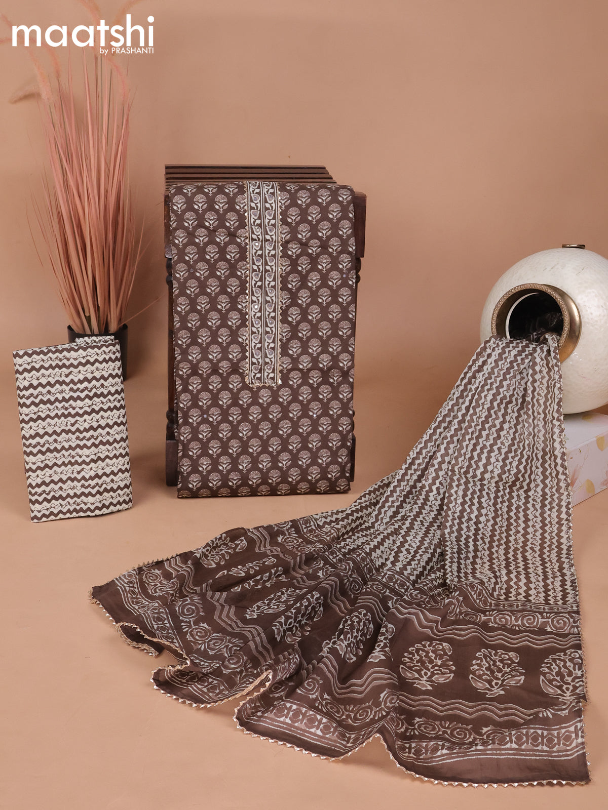 Cotton dress material brown and beige with floral butta prints & patch work neck pattern and bottom & gottapatti lace work dupatta