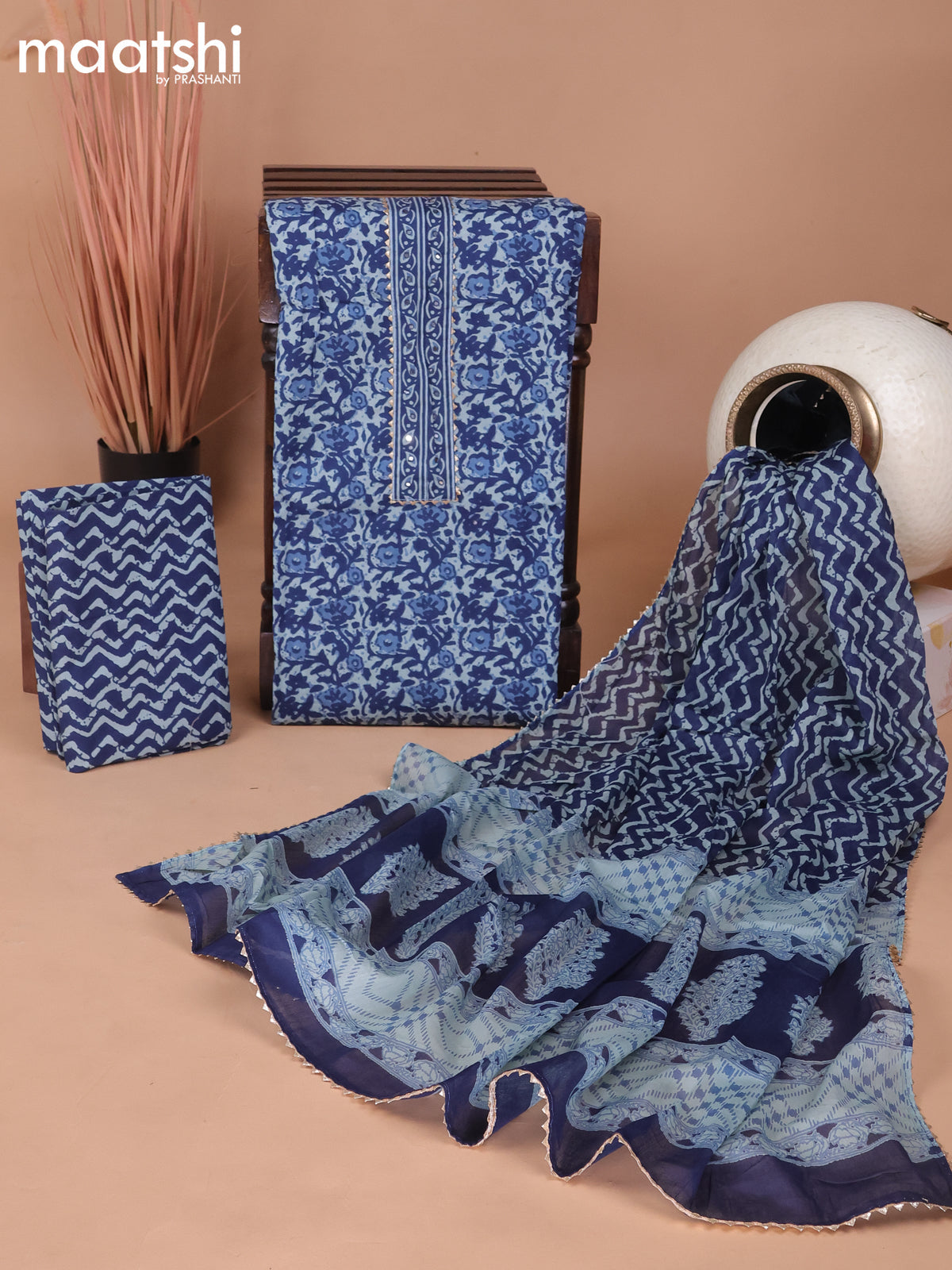 Cotton dress material blue with allover prints & patch work neck pattern and bottom & gottapatti lace work dupatta