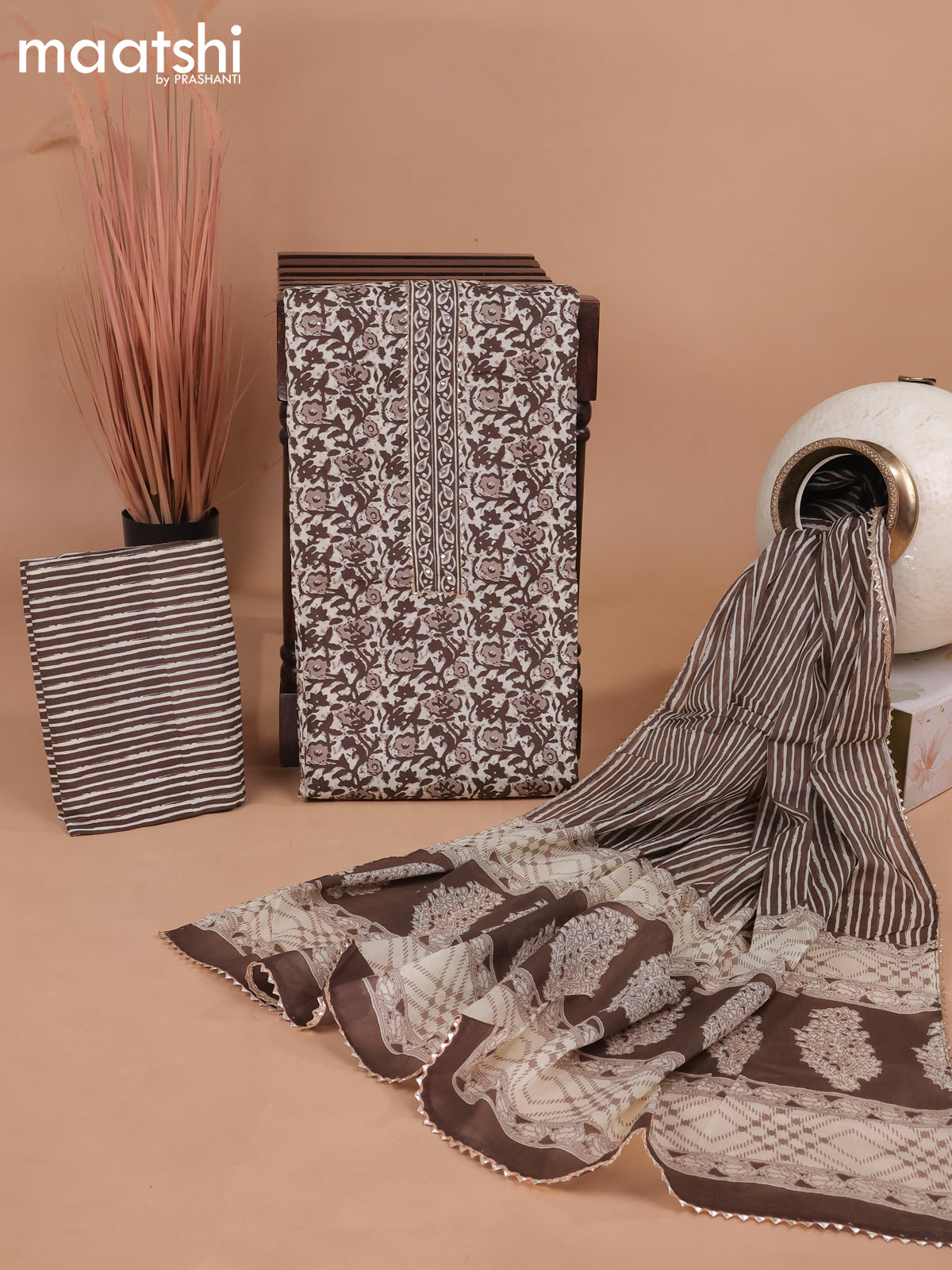 Cotton dress material cream and brown with allover prints & patch work neck pattern and bottom & gottapatti lace work dupatta