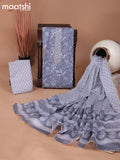 Cotton dress material pastel grey and off white with allover prints & patch work neck pattern and bottom & gottapatti lace work dupatta