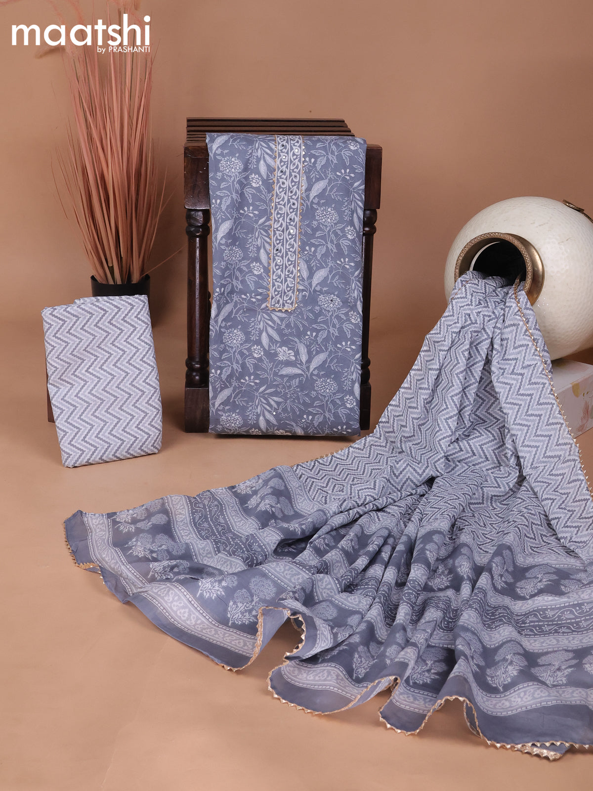 Cotton dress material pastel grey and off white with allover prints & patch work neck pattern and bottom & gottapatti lace work dupatta