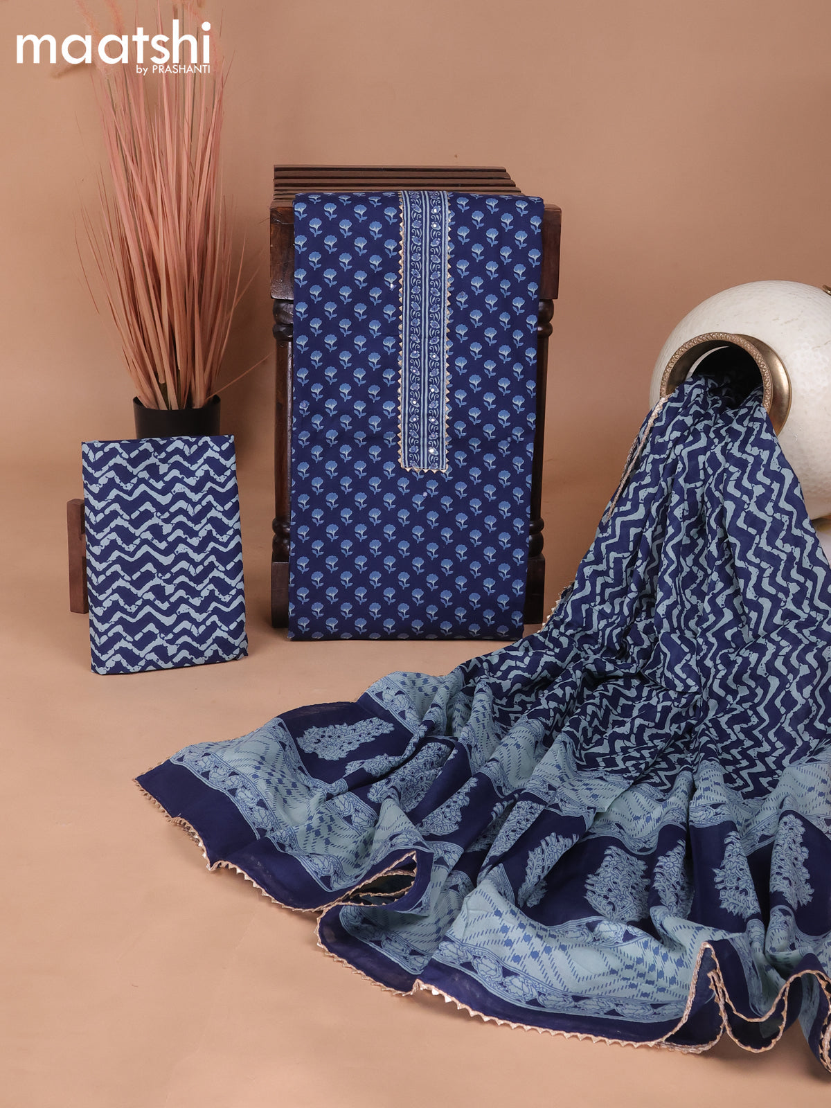 Cotton dress material dark blue with allover butta prints & patch work neck pattern and bottom & gottapatti lace work dupatta